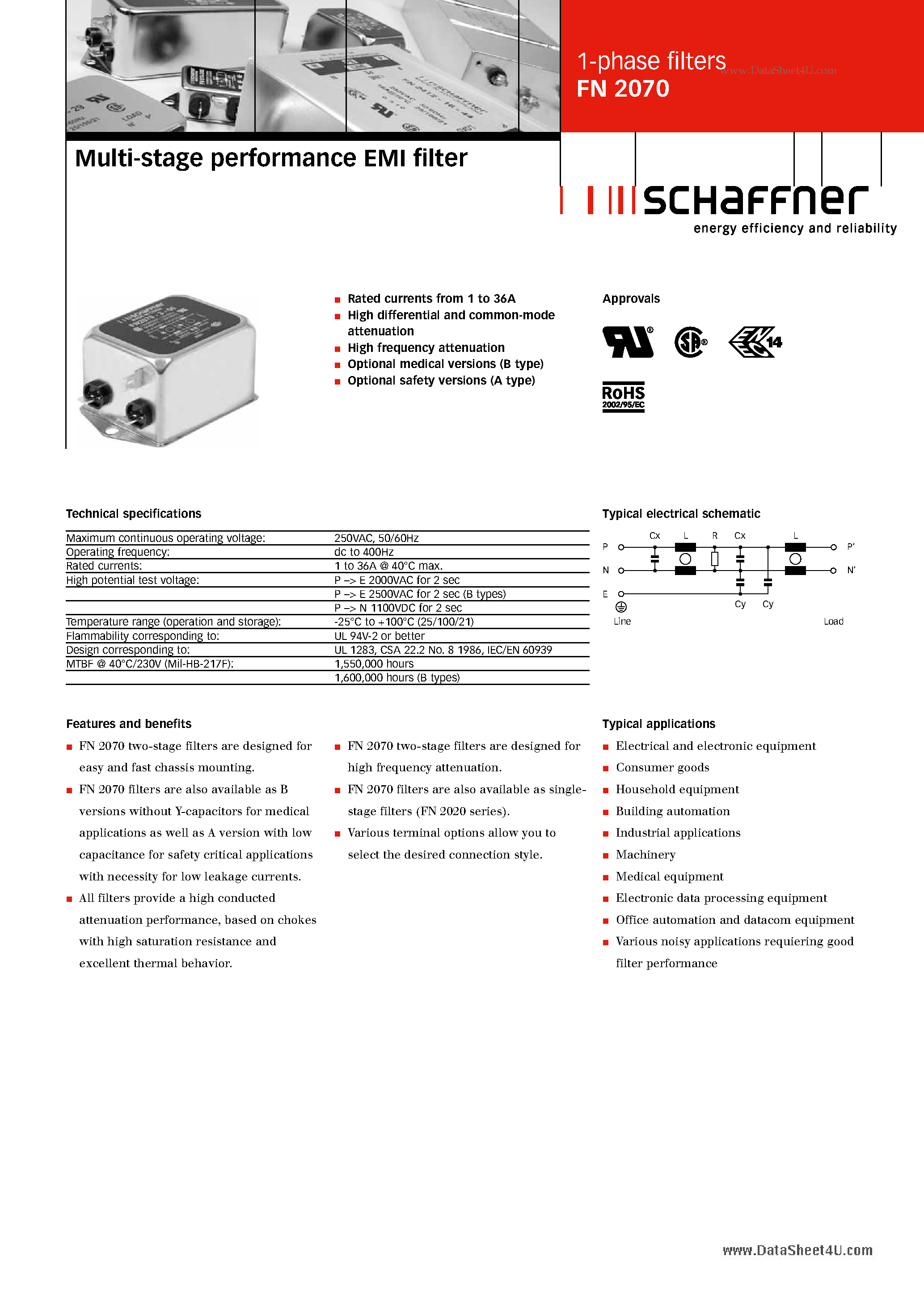 Даташит на микросхему FN2070 страница 1 Даташит FN2070 - 1-Phase Filters страница 1