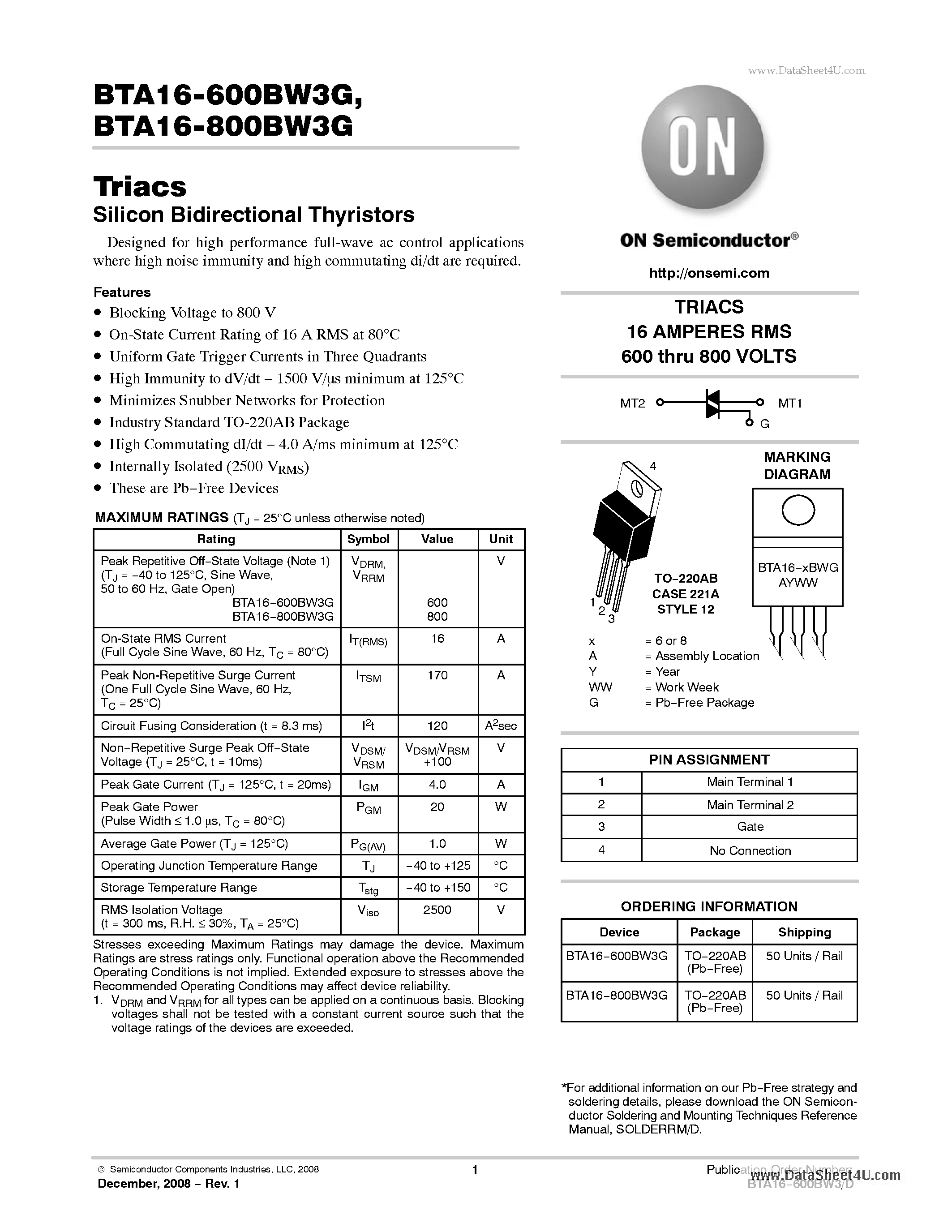 Даташит BTA16-600BW3G - Triacs Silicon Bidirectional Thyristors страница 1