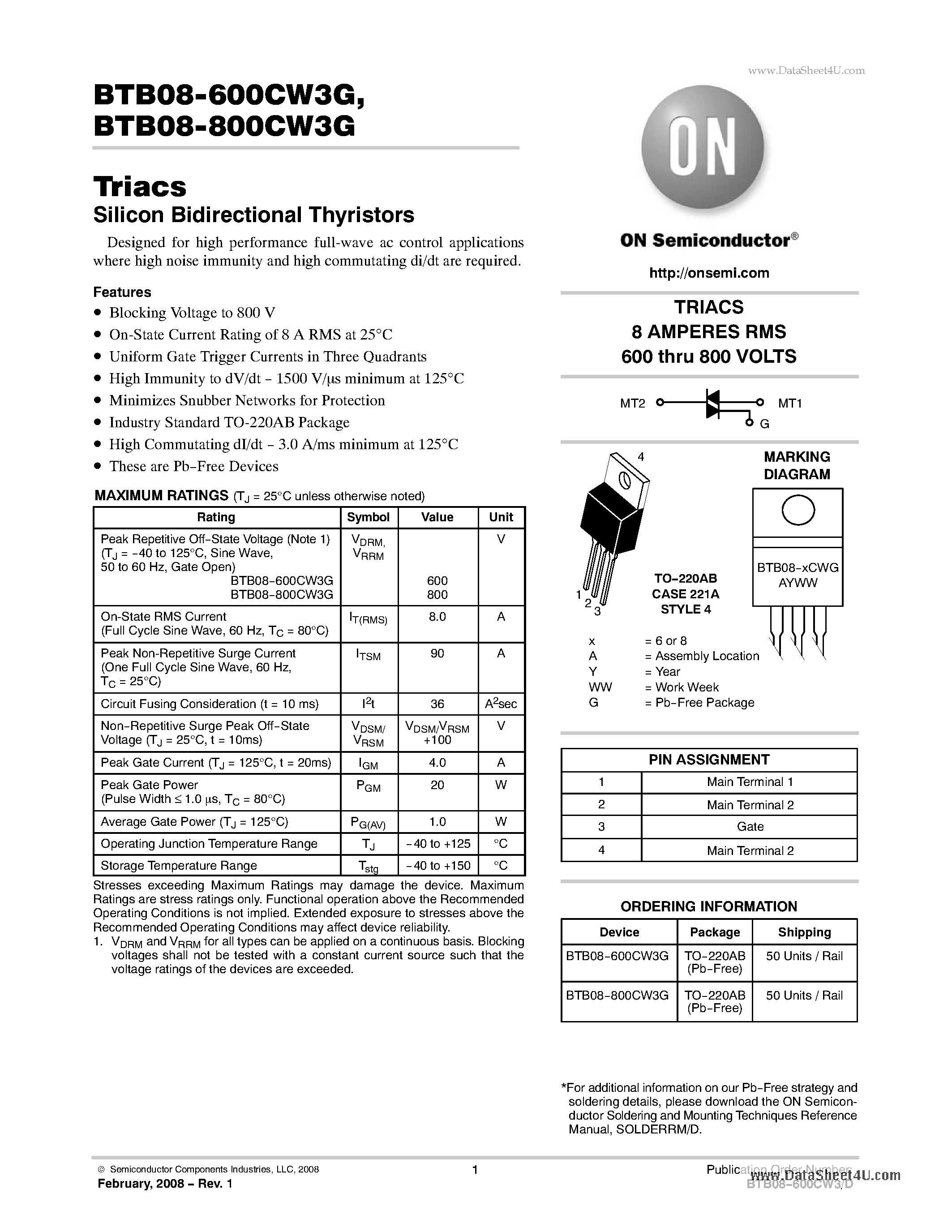 Datasheet BTB08-600CW3G - Triacs Silicon Bidirectional Thyristors page 1