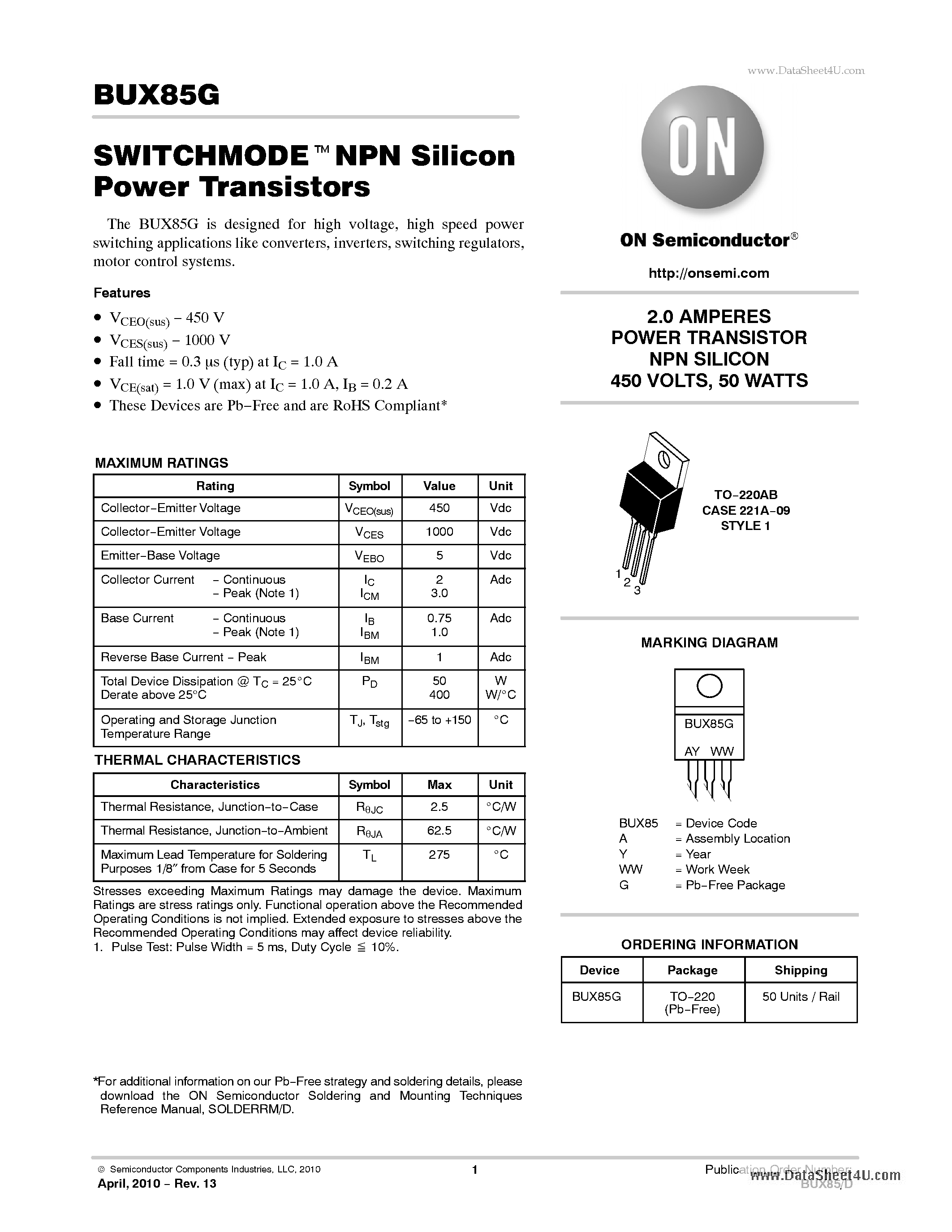Даташит BUX85G - SWITCHMODE NPN Silicon Power Transistors страница 1