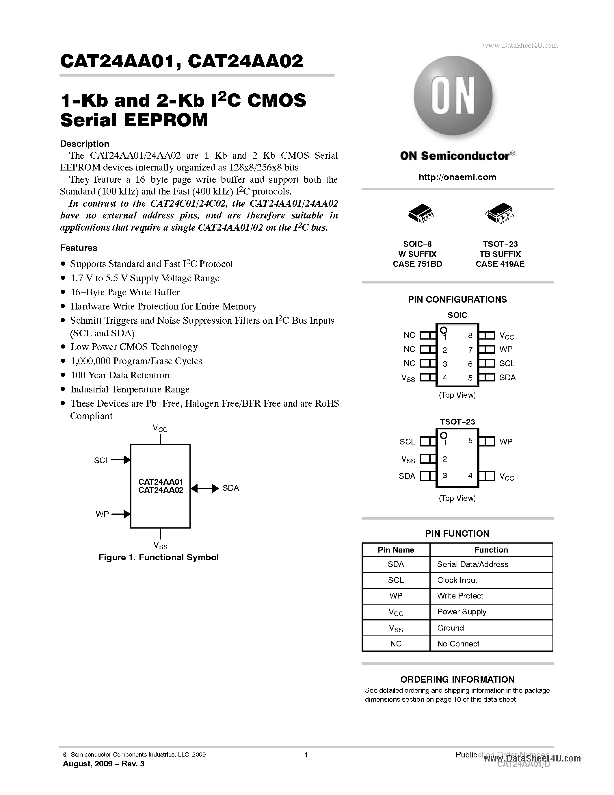 Даташит на микросхему CAT24AA01 страница 1 Даташит CAT24AA01 - 1-Kb and 2-Kb I2C CMOS Serial EEPROM страница 1
