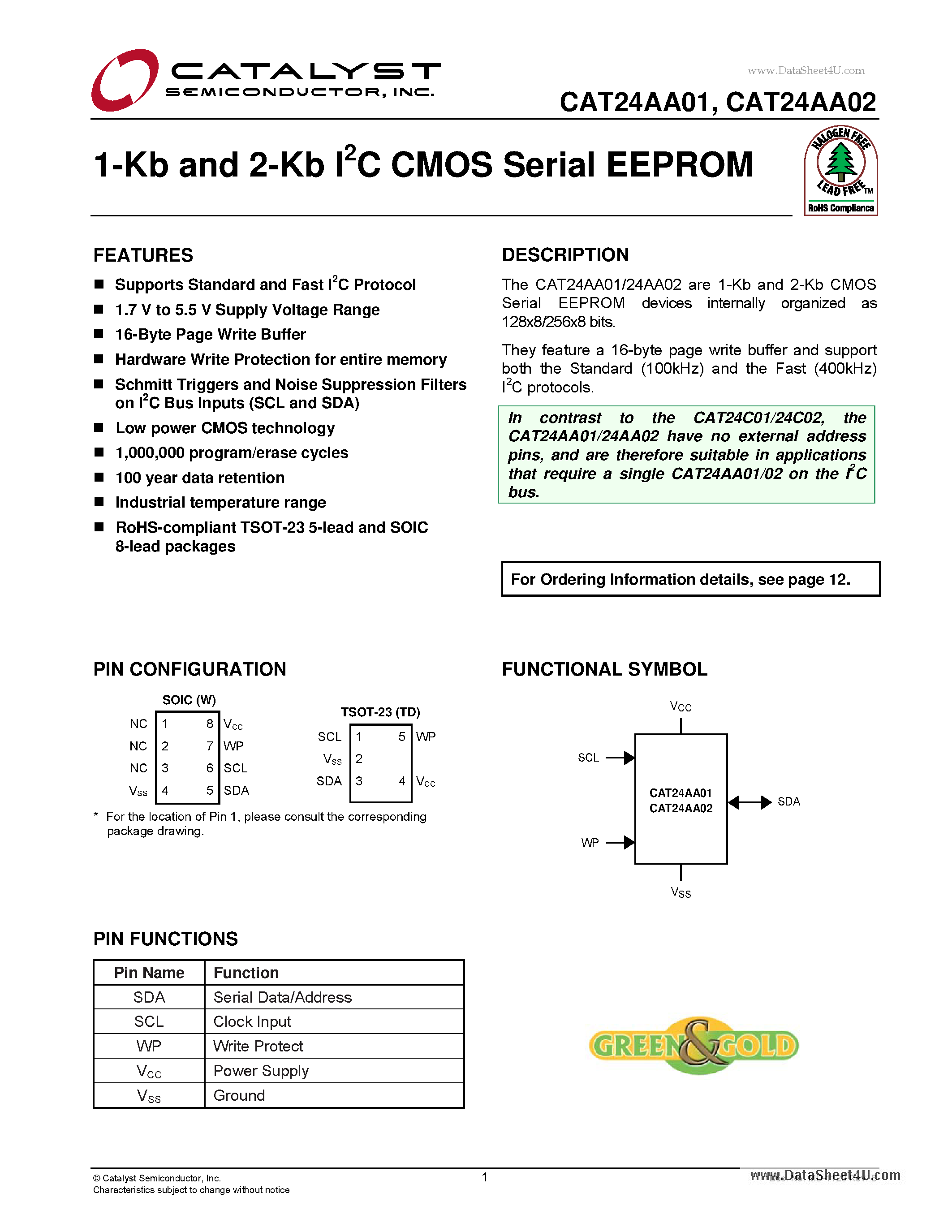 Даташит на микросхему CAT24AA01 страница 1 Даташит CAT24AA01 - 1-Kb and 2-Kb I2C CMOS Serial EEPROM страница 1