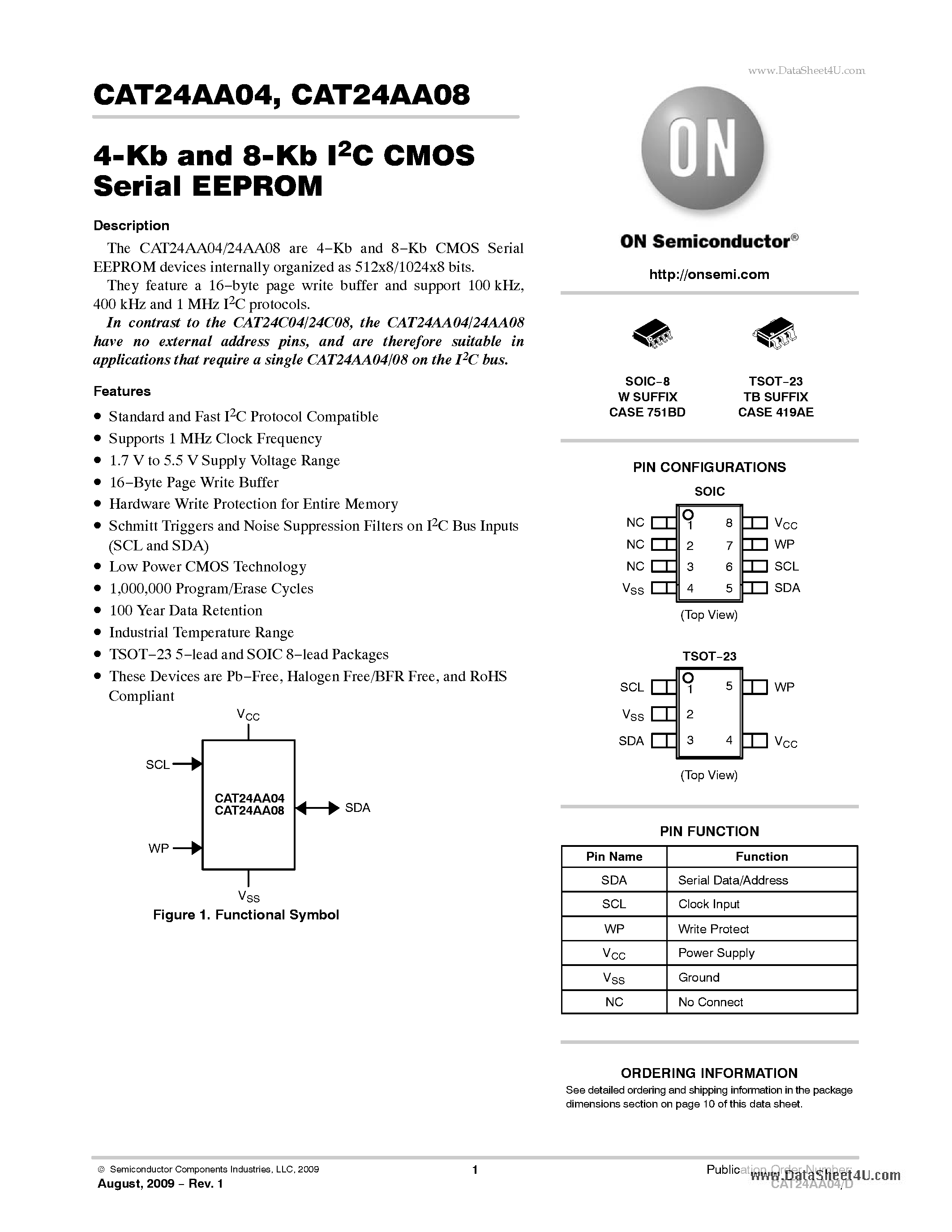 Datasheet CAT24AA04 - 4-Kb and 8-Kb I2C CMOS Serial EEPROM page 1