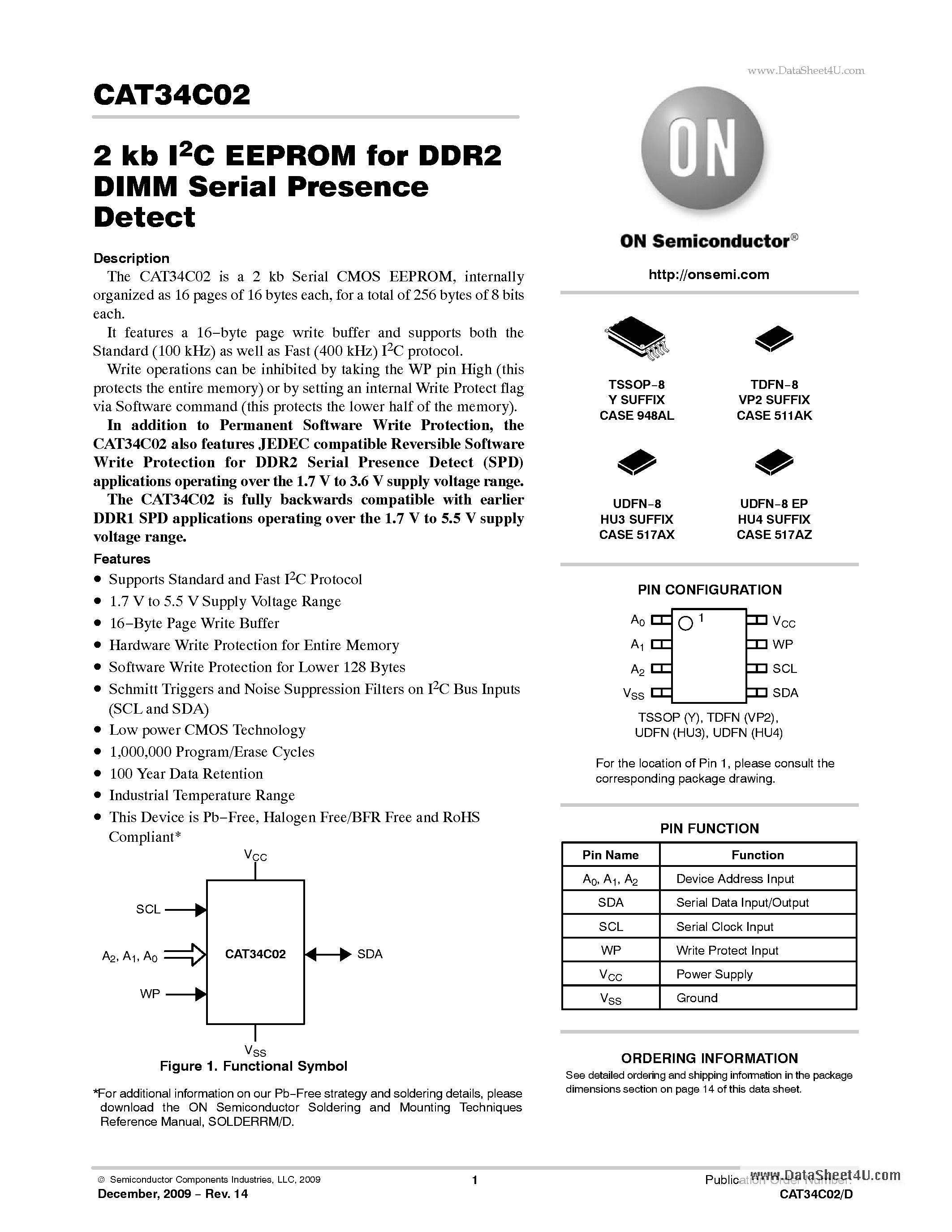 Даташит на микросхему CAT34C02 страница 1 Даташит CAT34C02 - 2 kb I2C EEPROM страница 1