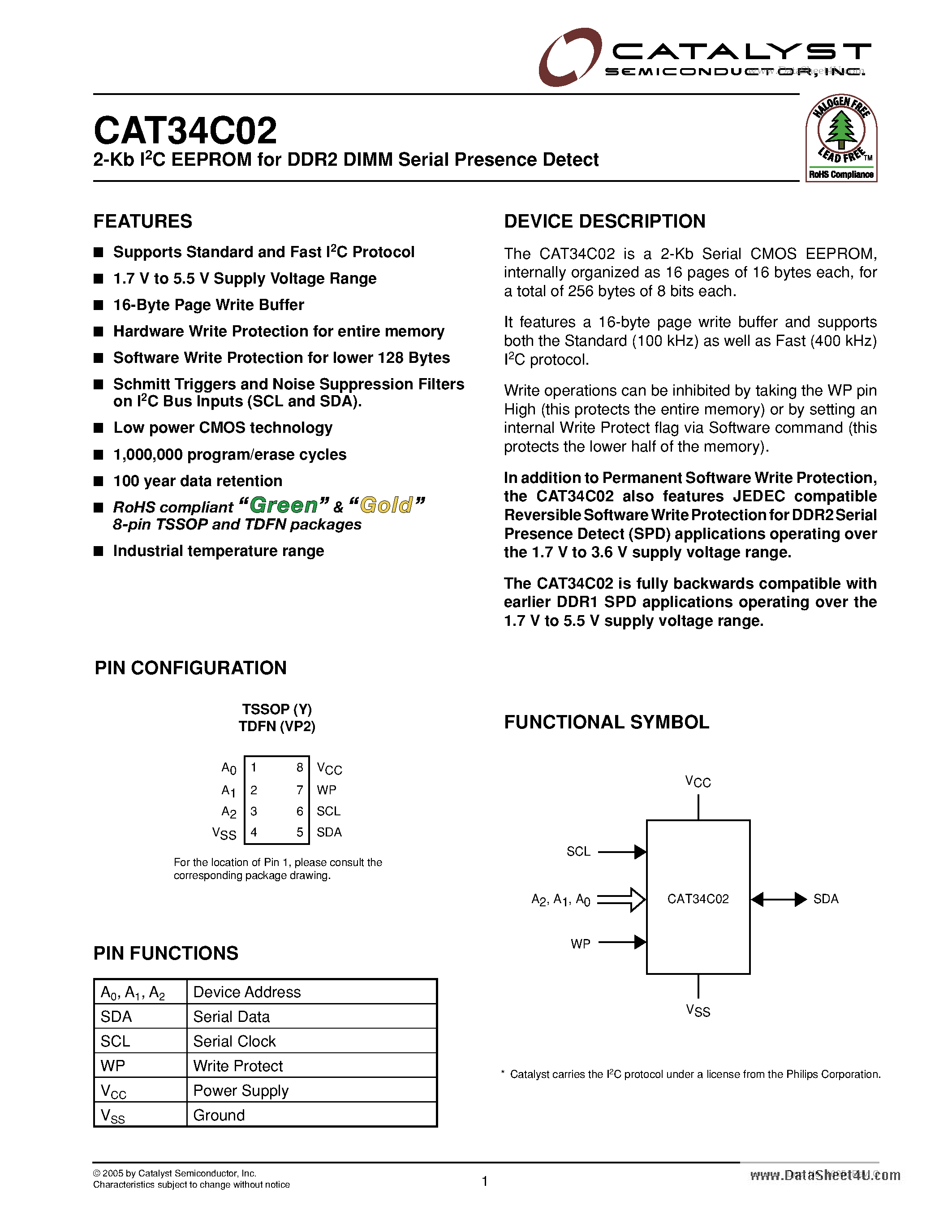 Даташит на микросхему CAT34C02 страница 1 Даташит CAT34C02 - 2 kb I2C EEPROM страница 1