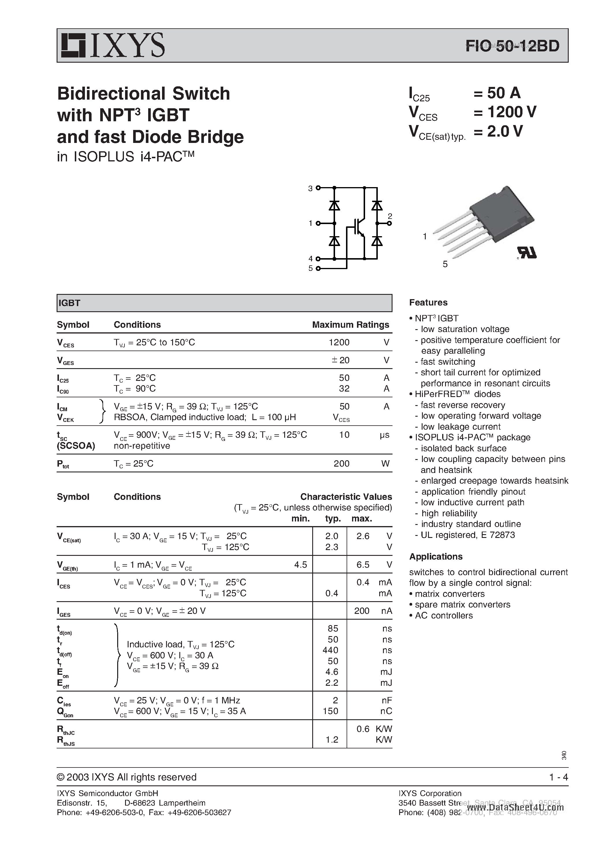 Даташит на микросхему FIO50-12BD страница 1 Даташит FIO50-12BD - Bidirectional Switch страница 1