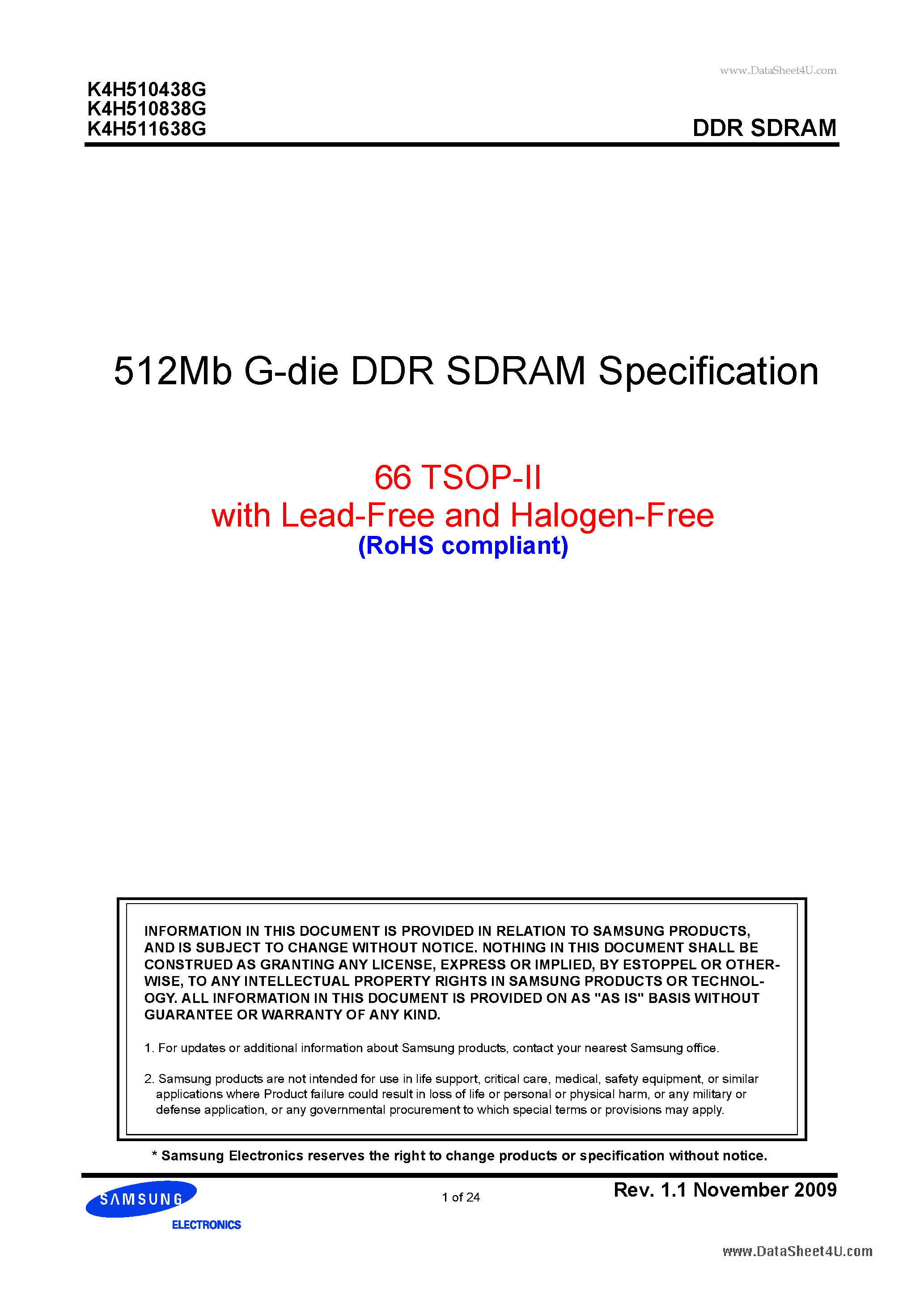 Datasheet K4H510438G - 512Mb G-die DDR SDRAM Specification page 1