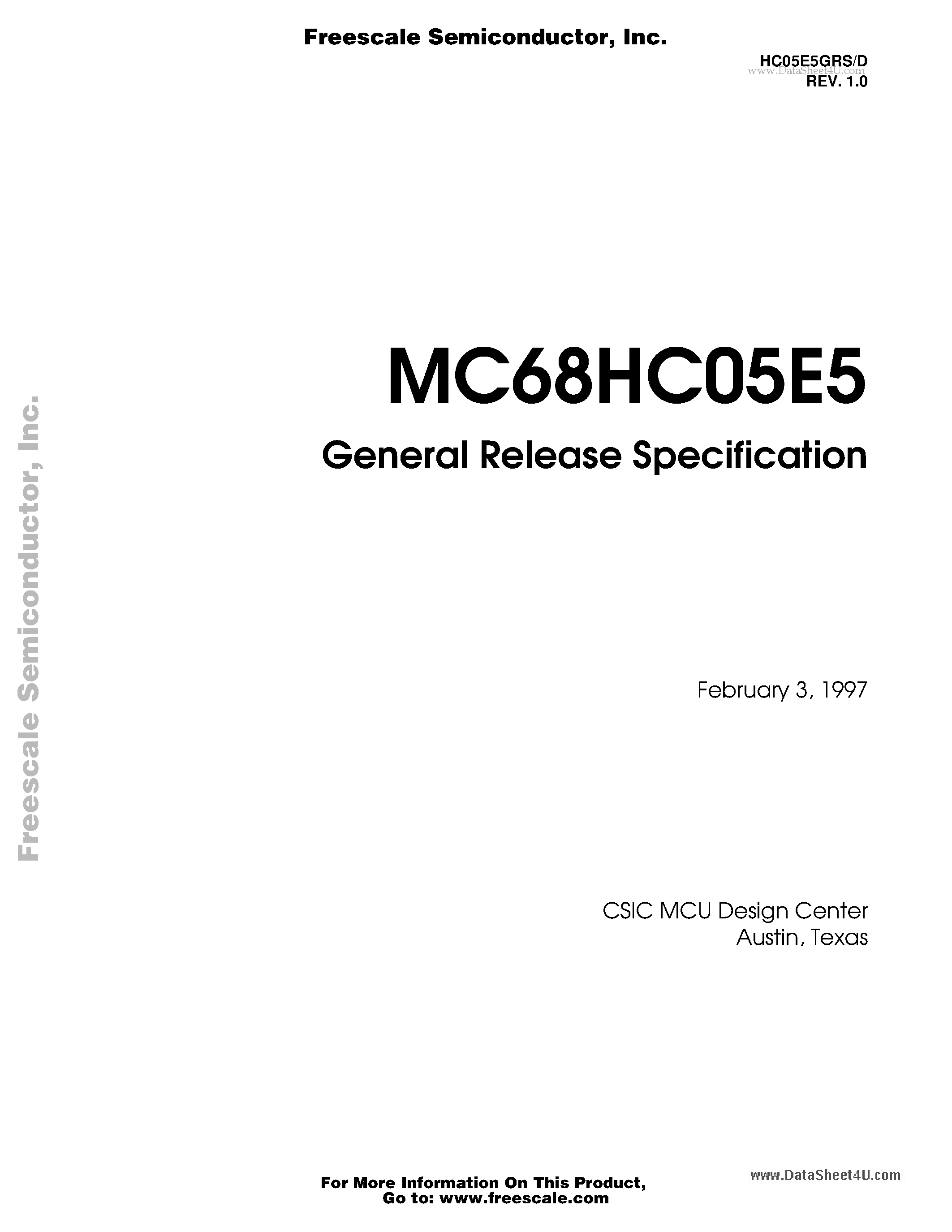 Даташит на микросхему MC68HC05E5 страница 1 Даташит MC68HC05E5 - General Release Specification страница 1