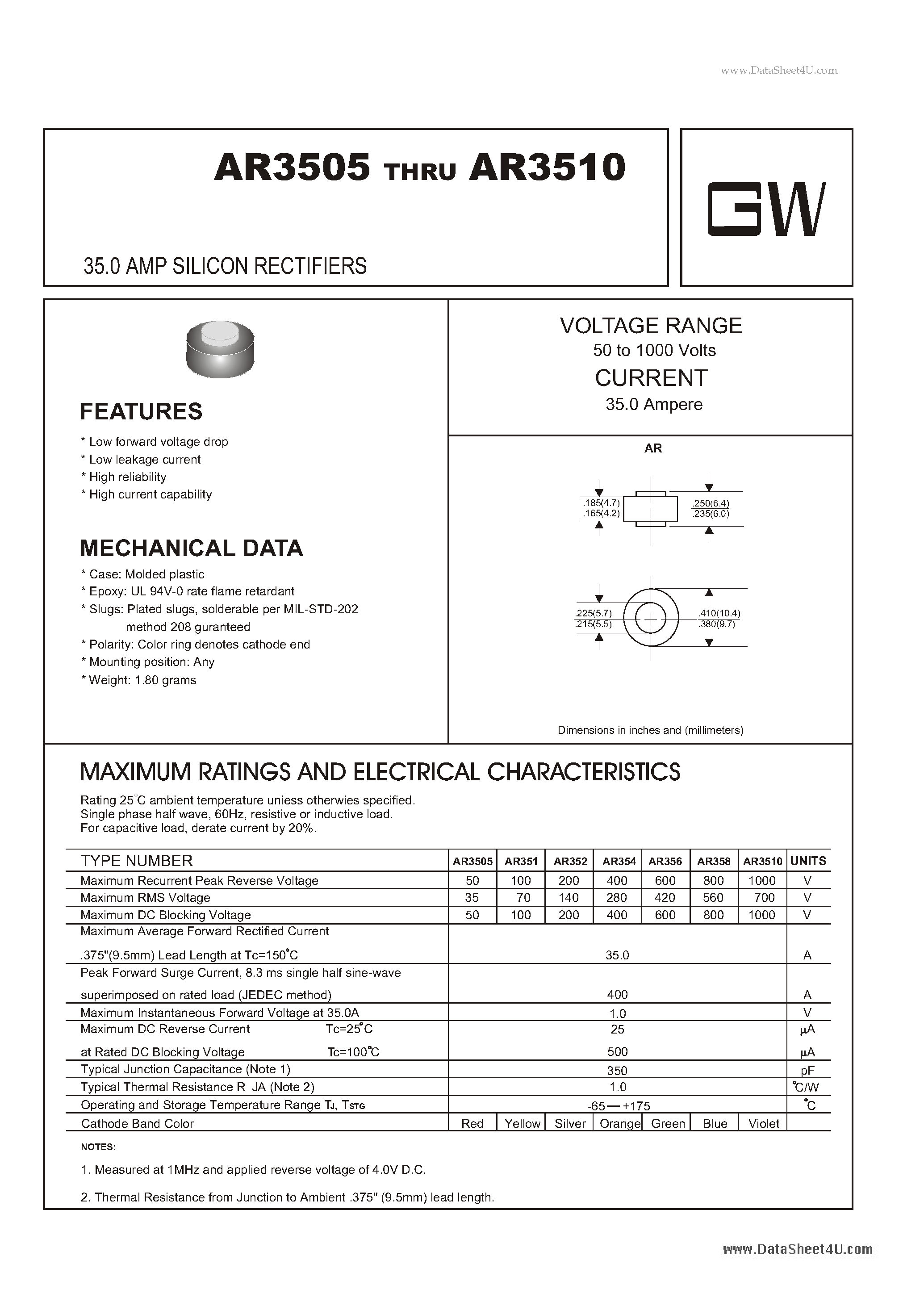 Datasheet AR3505 page 1 Datasheet AR3505 - 35.0 AMP SILICON RECTIFIERS page 1