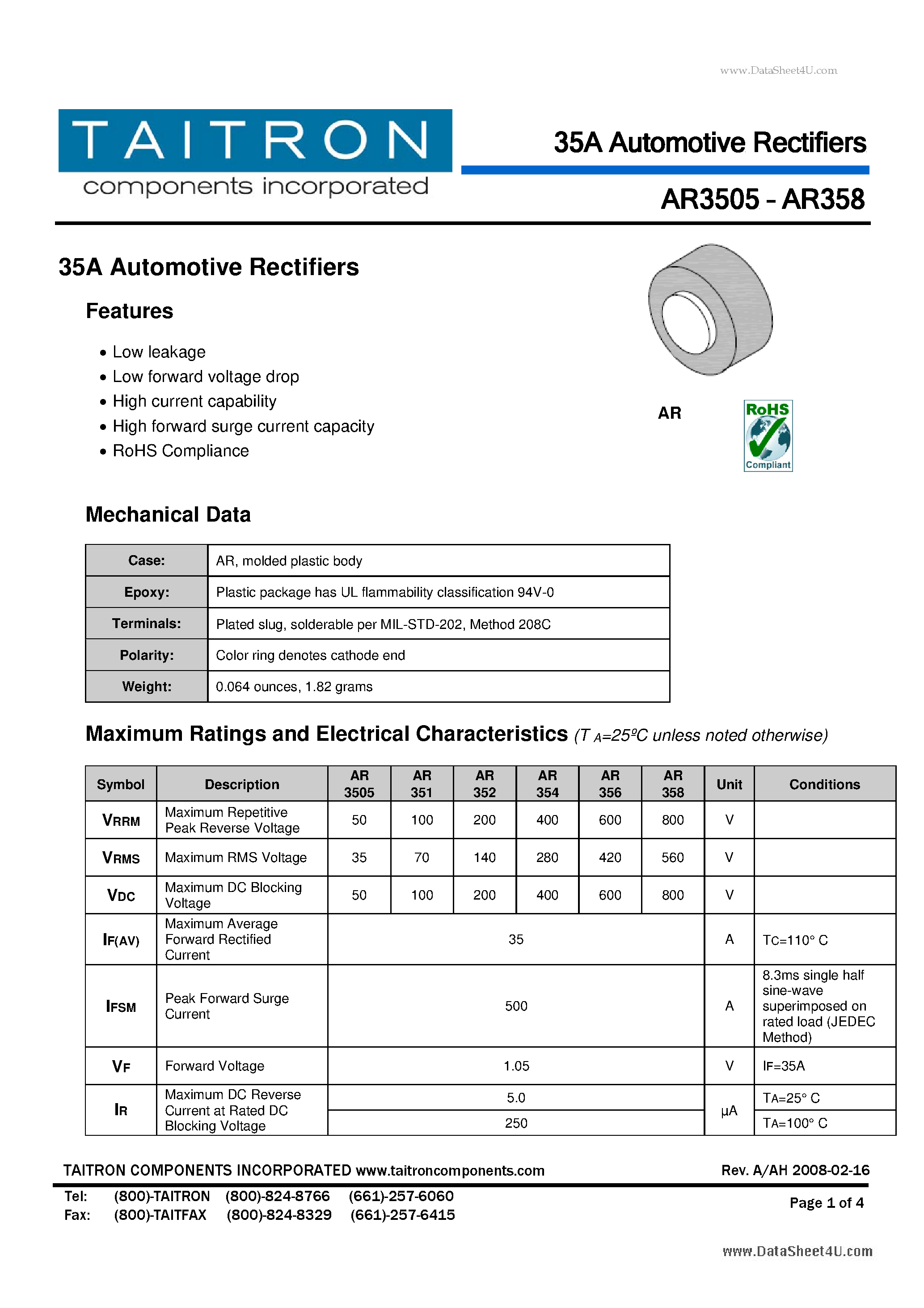 Datasheet AR3505 page 1 Datasheet AR3505 - 35A Automotive Rectifiers page 1