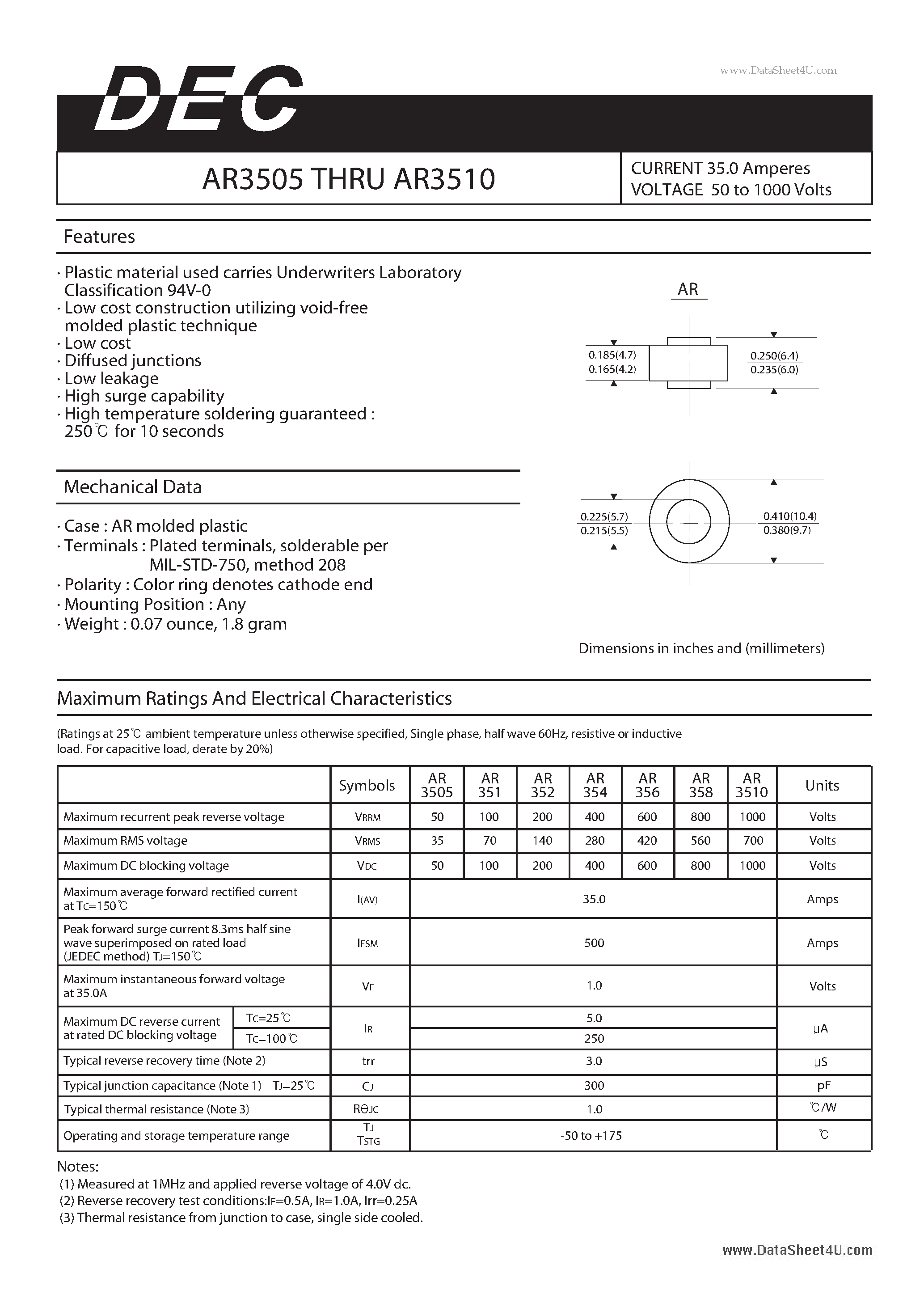 Datasheet AR3505 page 1 Datasheet AR3505 - CURRENT 35.0 Amperes VOLTAGE 50 TO 1000 VOLTS page 1
