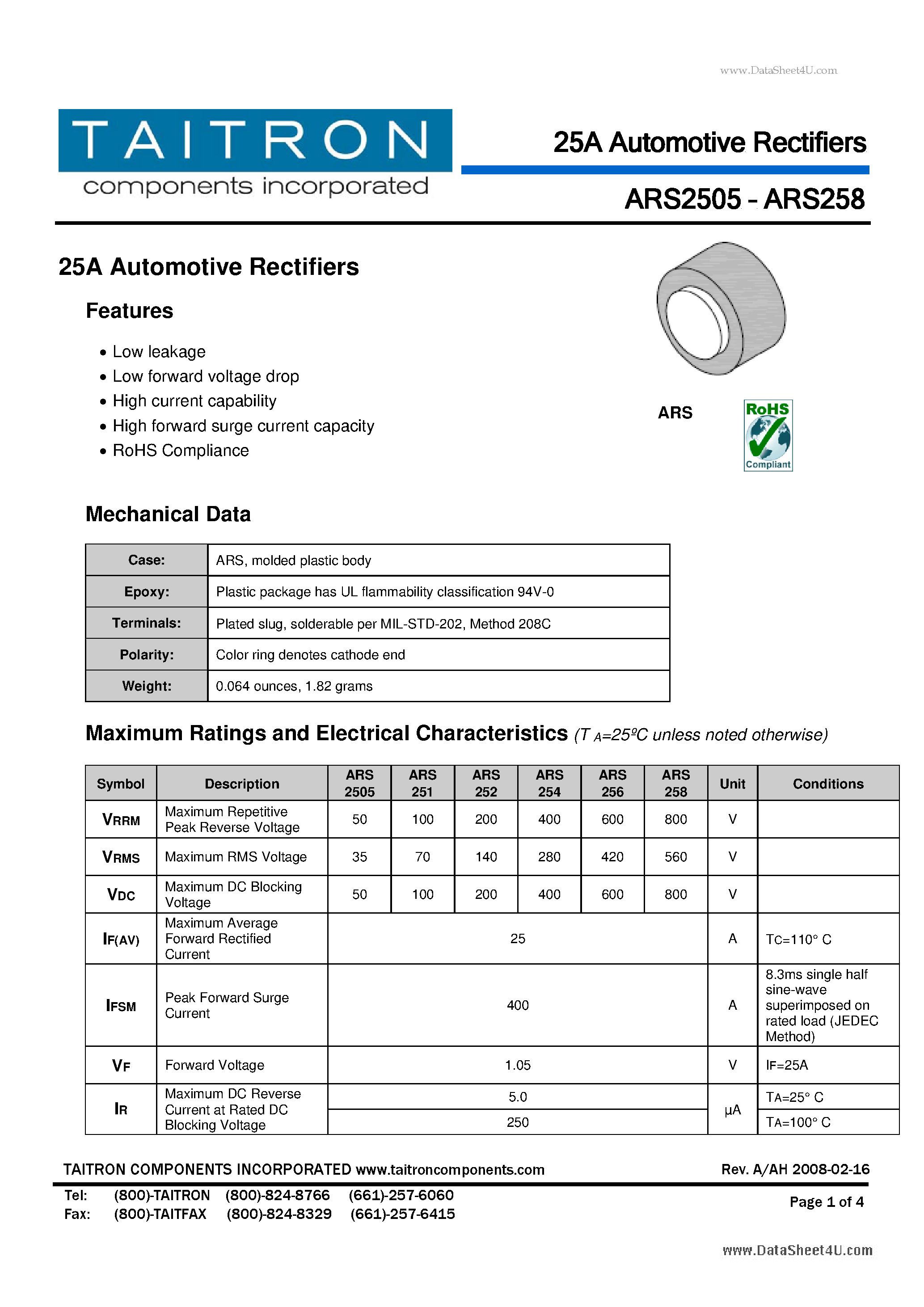 Datasheet ARS2505 page 1 Datasheet ARS2505 - 25A Automotive Rectifiers page 1