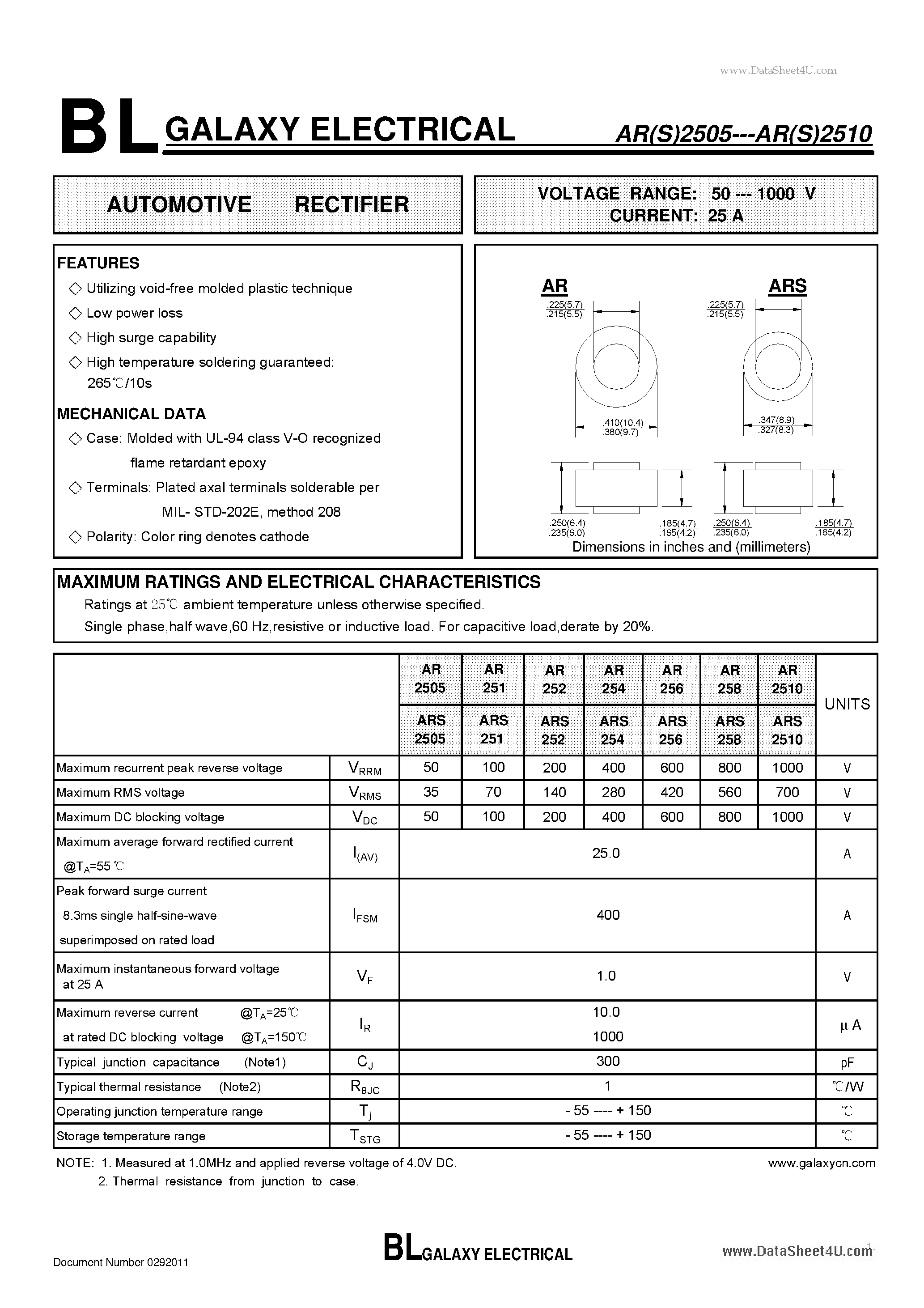 Datasheet AR2505 page 1 Datasheet AR2505 - AUTOMOTIVE RECTIFIER page 1