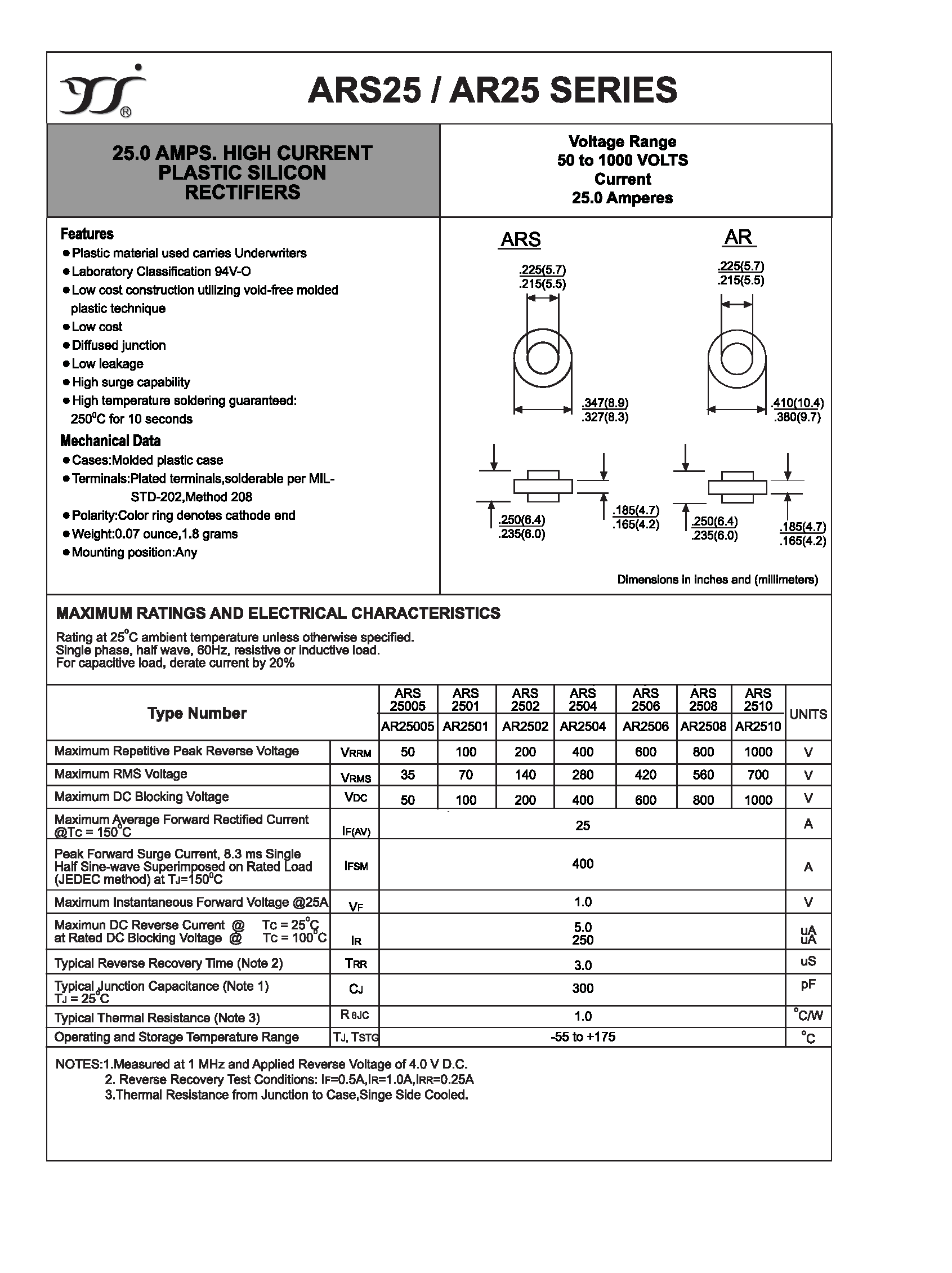 Datasheet AR25005 page 1 Datasheet AR25005 - 25.0 AMPS. HIGH CURRENT PLASTIC SILICON RECTIFIERS page 1