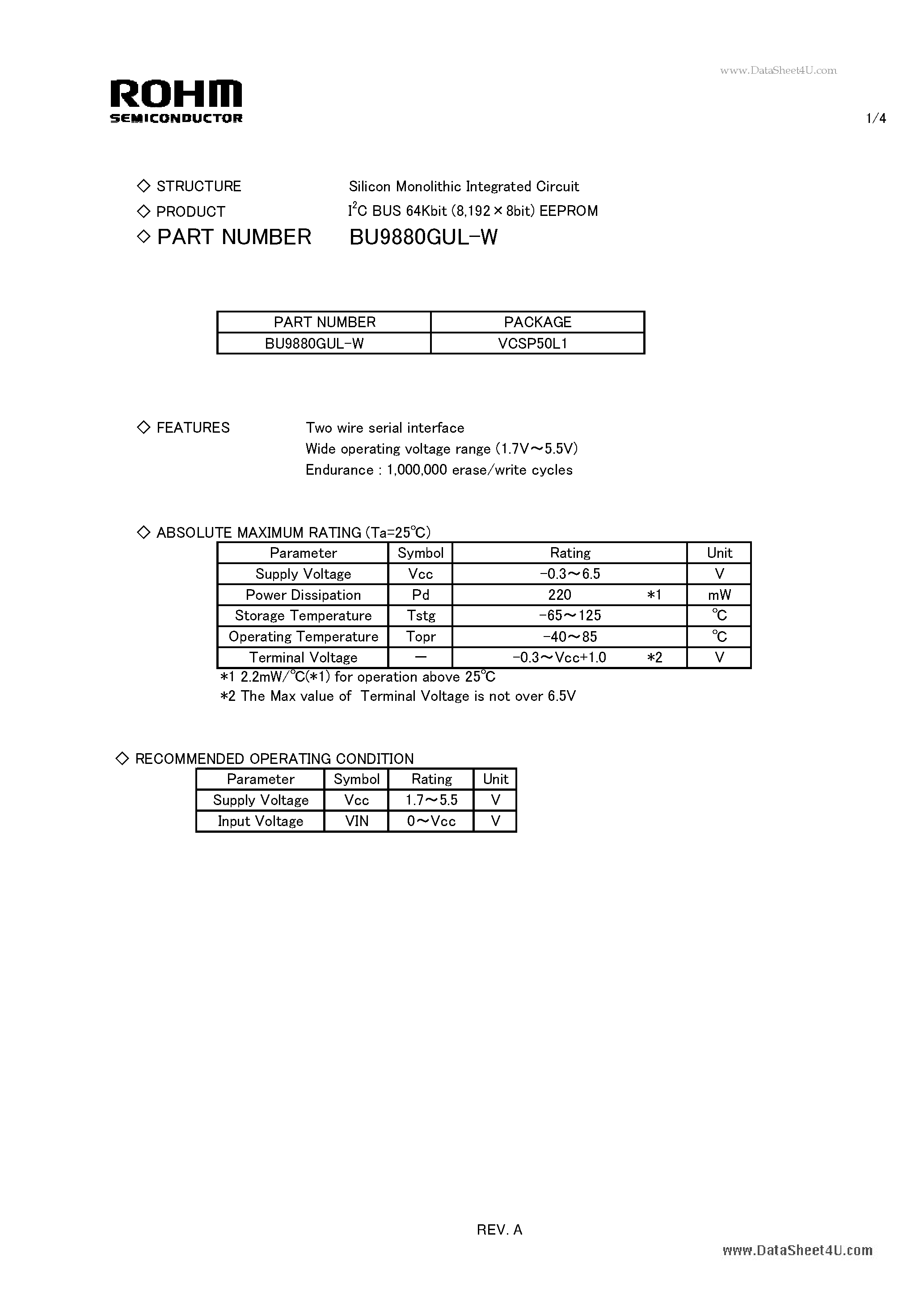 Datasheet BU9880GUL-W page 1 Datasheet BU9880GUL-W - Silicon Monolithic Integrated Circuit page 1