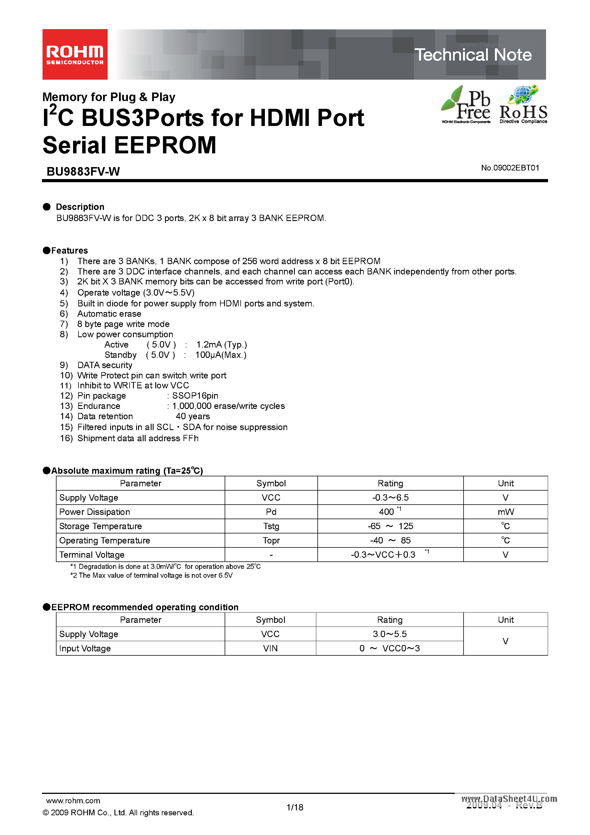 Datasheet BU9883FV-W page 1 Datasheet BU9883FV-W - I2C BUS3Ports for HDMI Port Serial EEPROM page 1