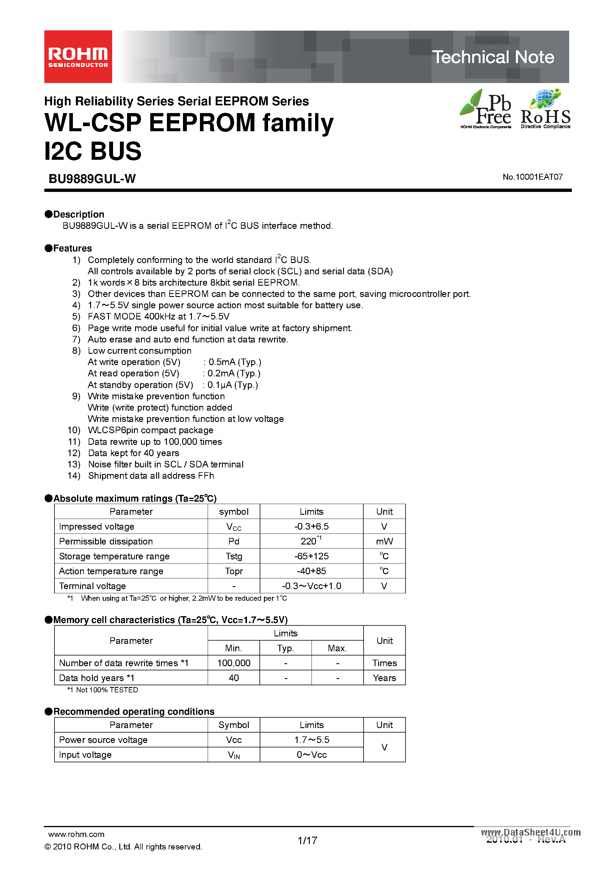 Datasheet BU9889GUL-W page 1 Datasheet BU9889GUL-W - WL-CSP EEPROM family I2C BUS page 1