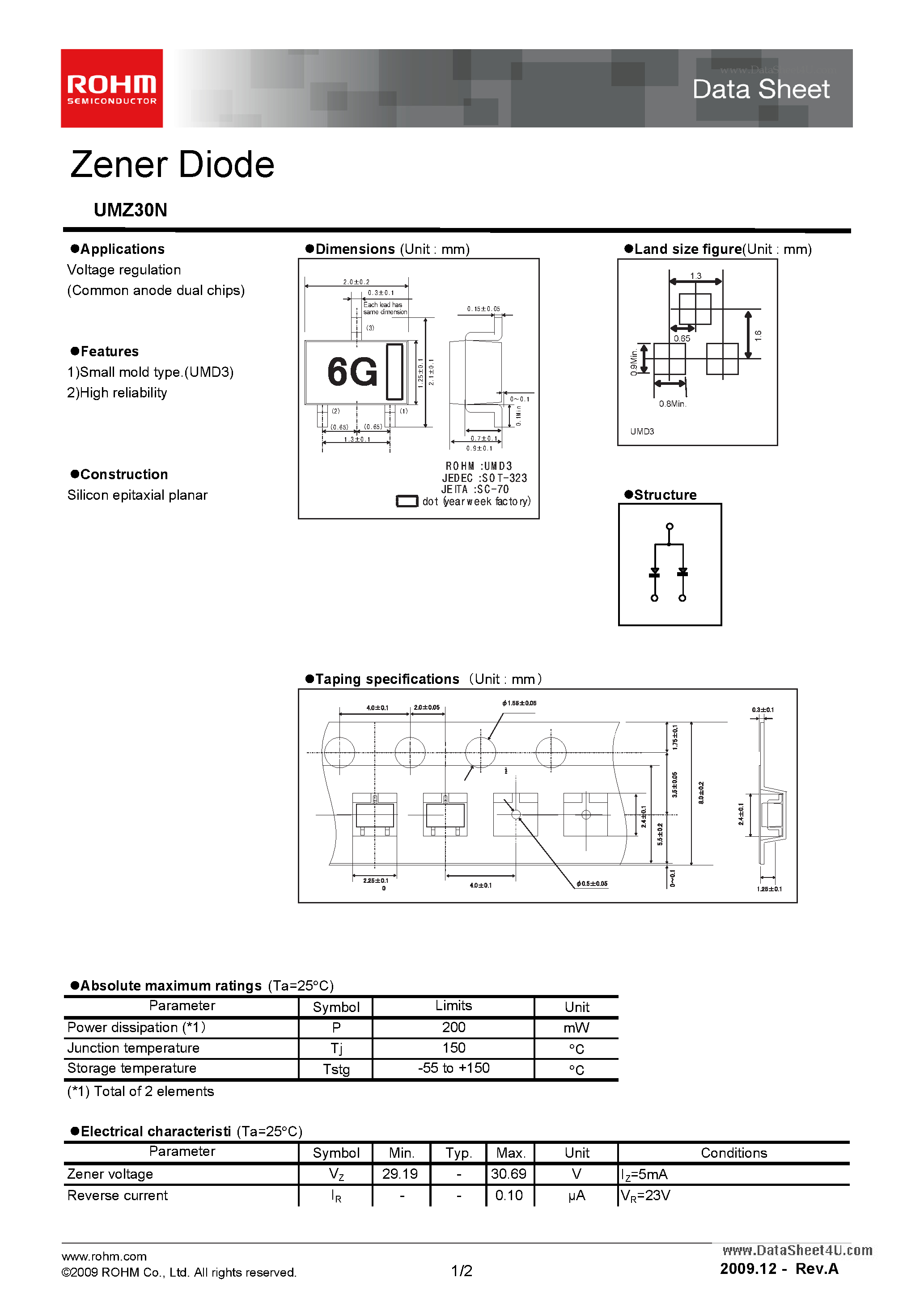 Даташит на микросхему UMZ30N страница 1 Даташит UMZ30N - Zener diodes страница 1