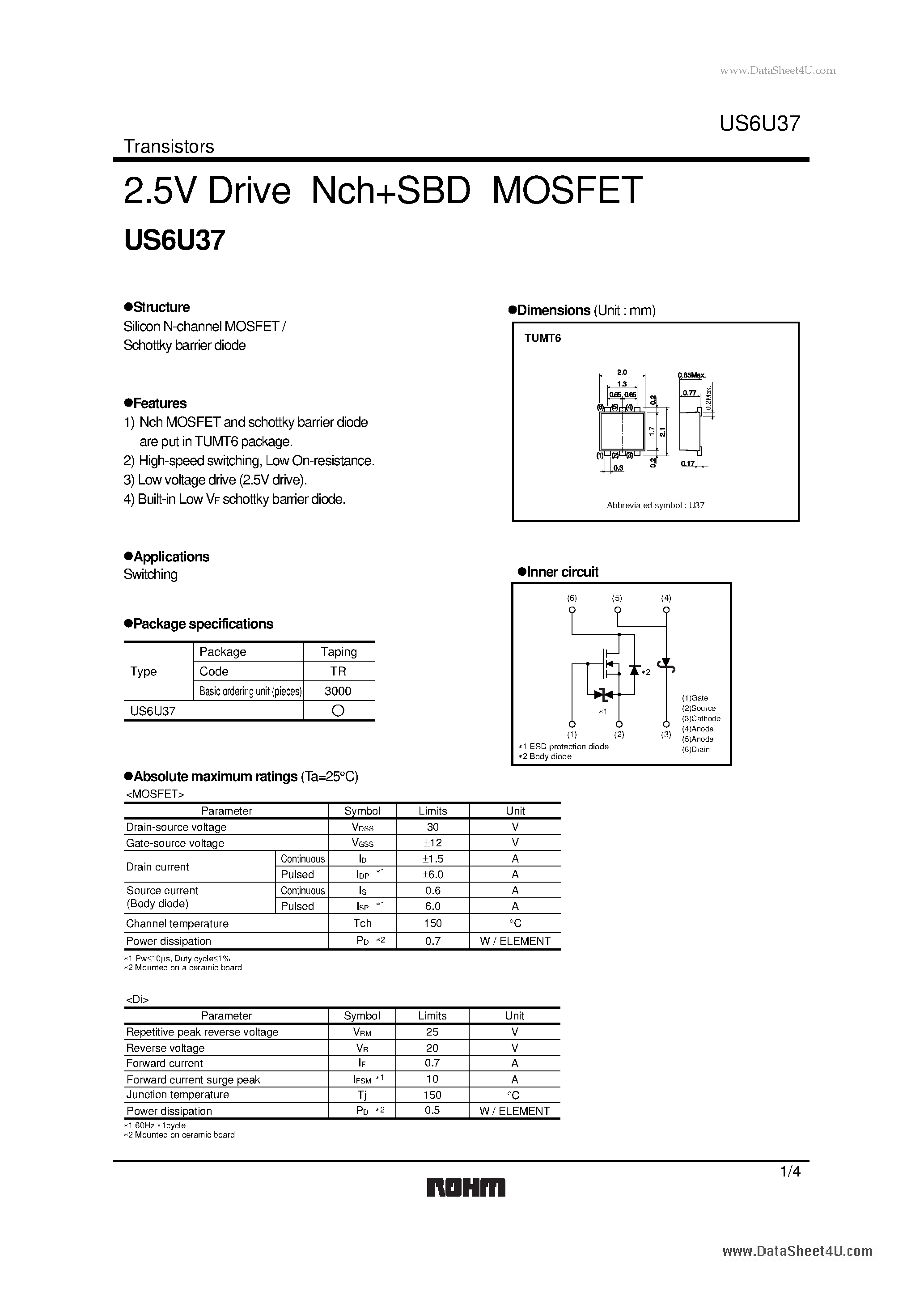 Datasheet US6U37 page 1 Datasheet US6U37 - 2.5V Drive Pch+SBD MOSFET page 1
