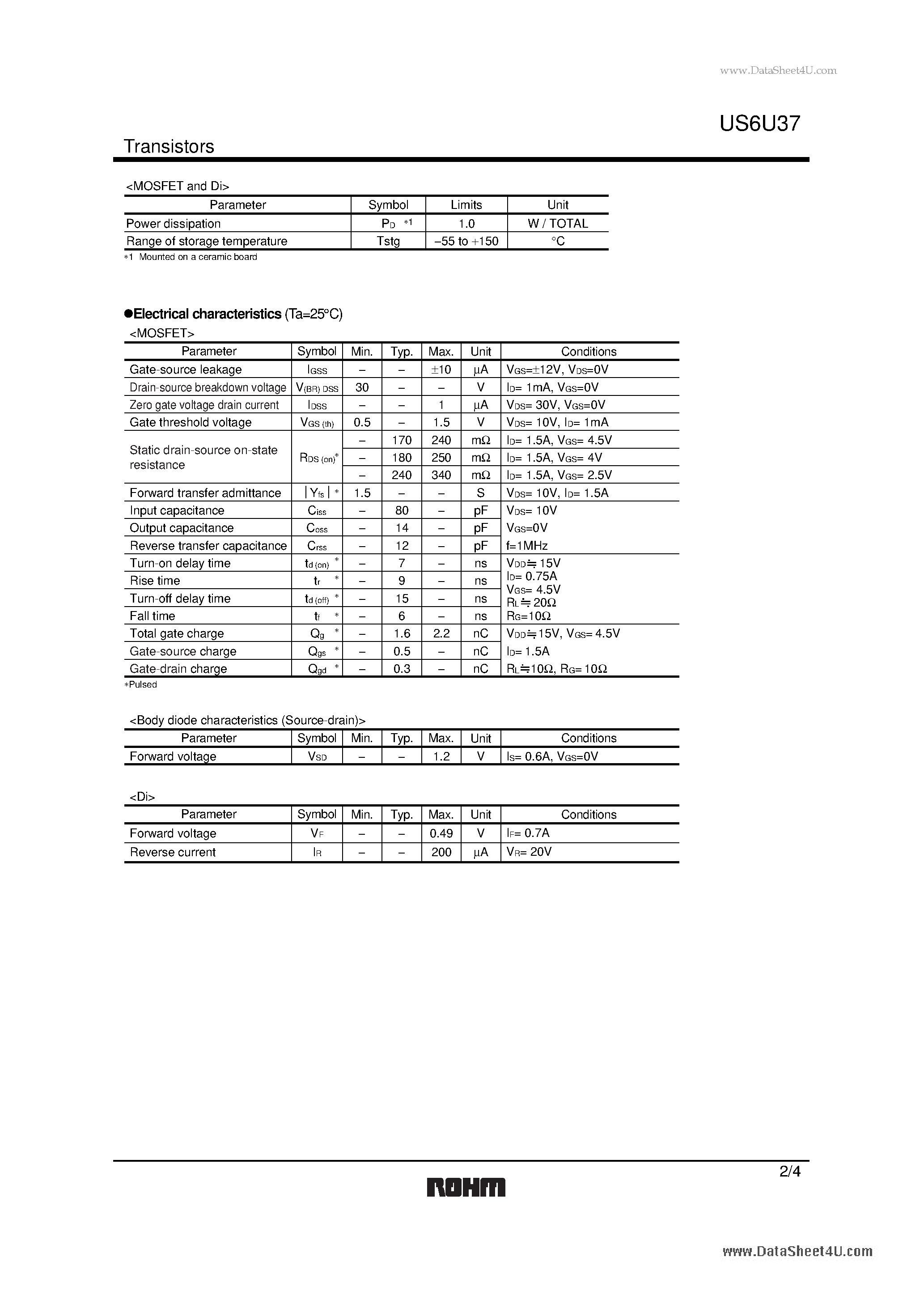 Datasheet US6U37 page 2 Datasheet US6U37 - 2.5V Drive Pch+SBD MOSFET page 2