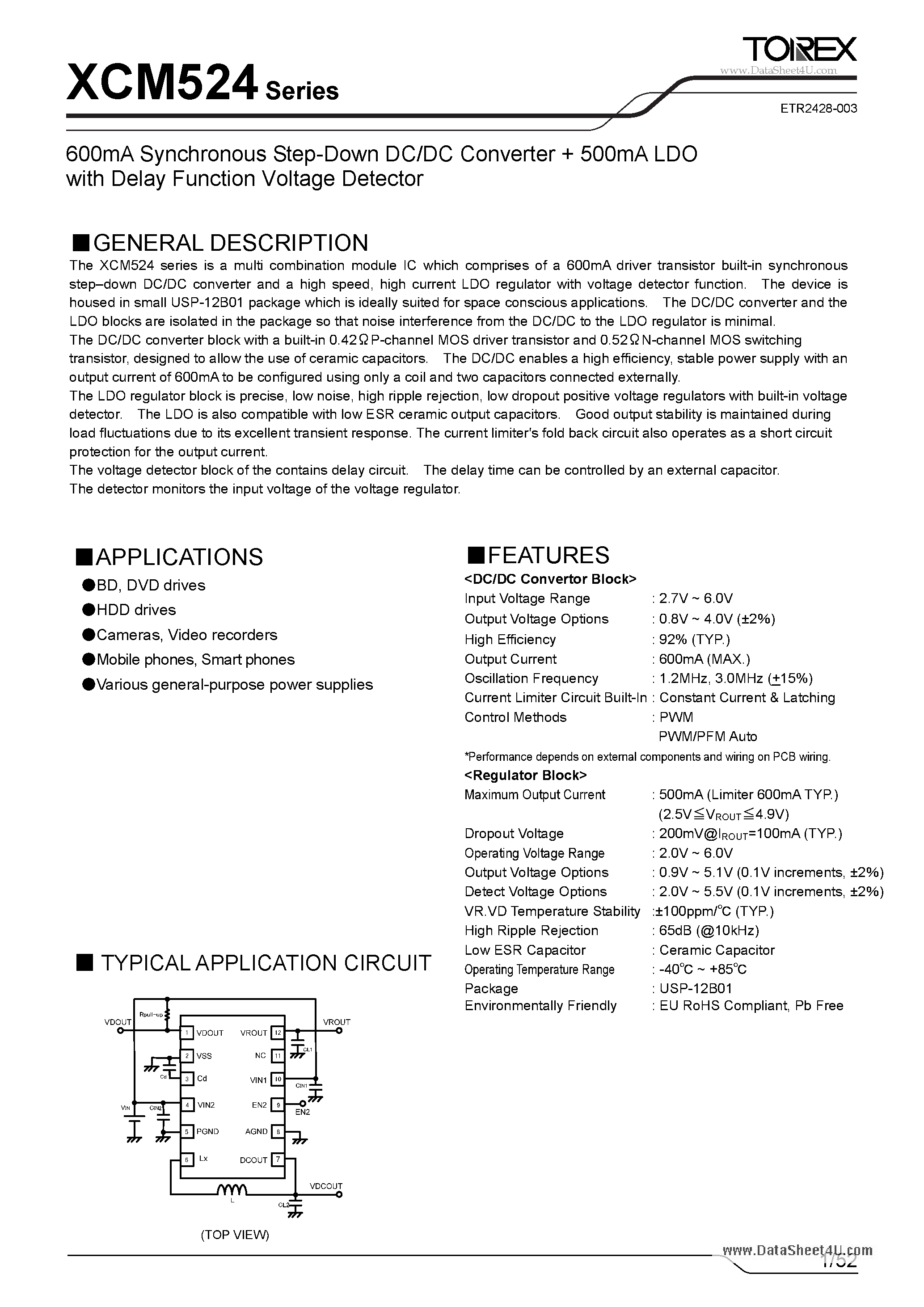 Даташит XCM524 - 600mA Synchronous Step-Down DC/DC Converter 500mA LDO страница 1