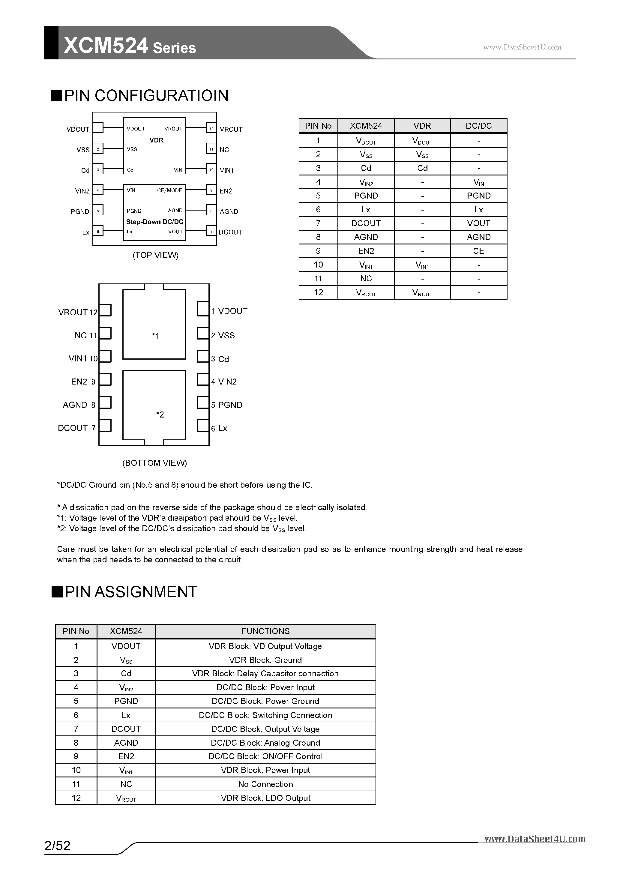 Даташит XCM524 - 600mA Synchronous Step-Down DC/DC Converter 500mA LDO страница 2
