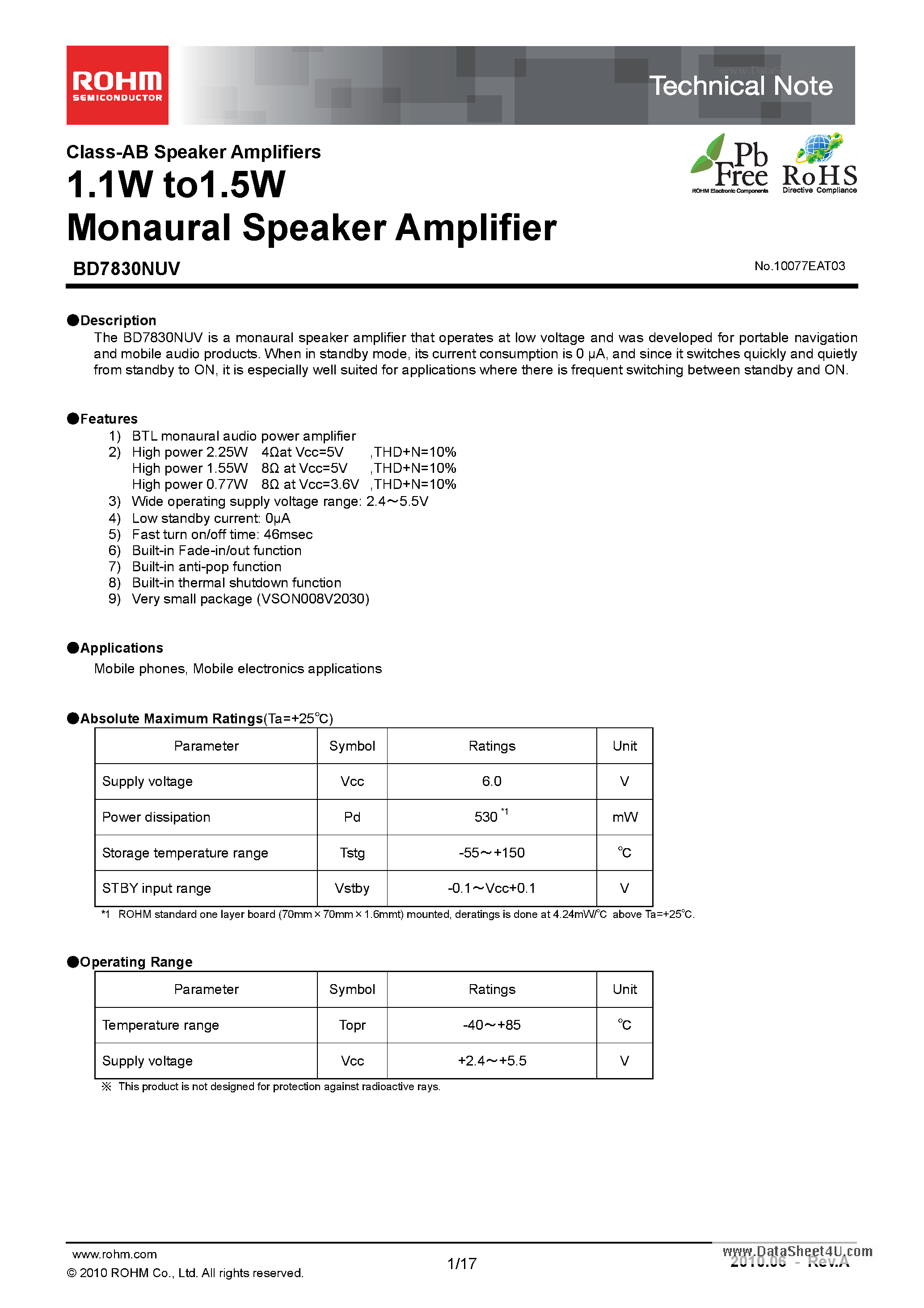Даташит BD7830NUV - 1.1W to1.5W Monaural Speaker Amplifier страница 1