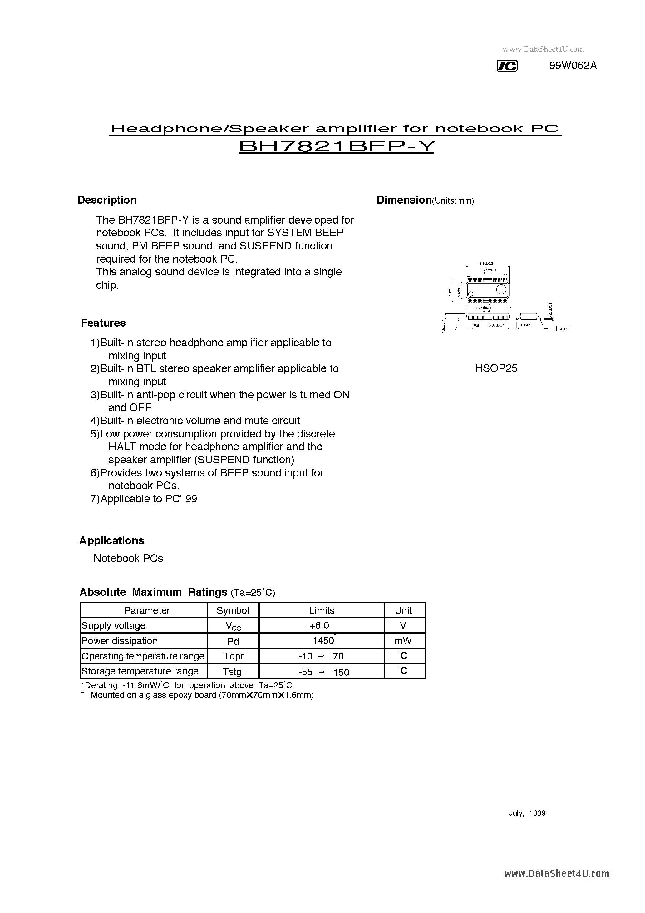 Datasheet BH7821BFP-Y - Headphone/Speaker amplifier page 1