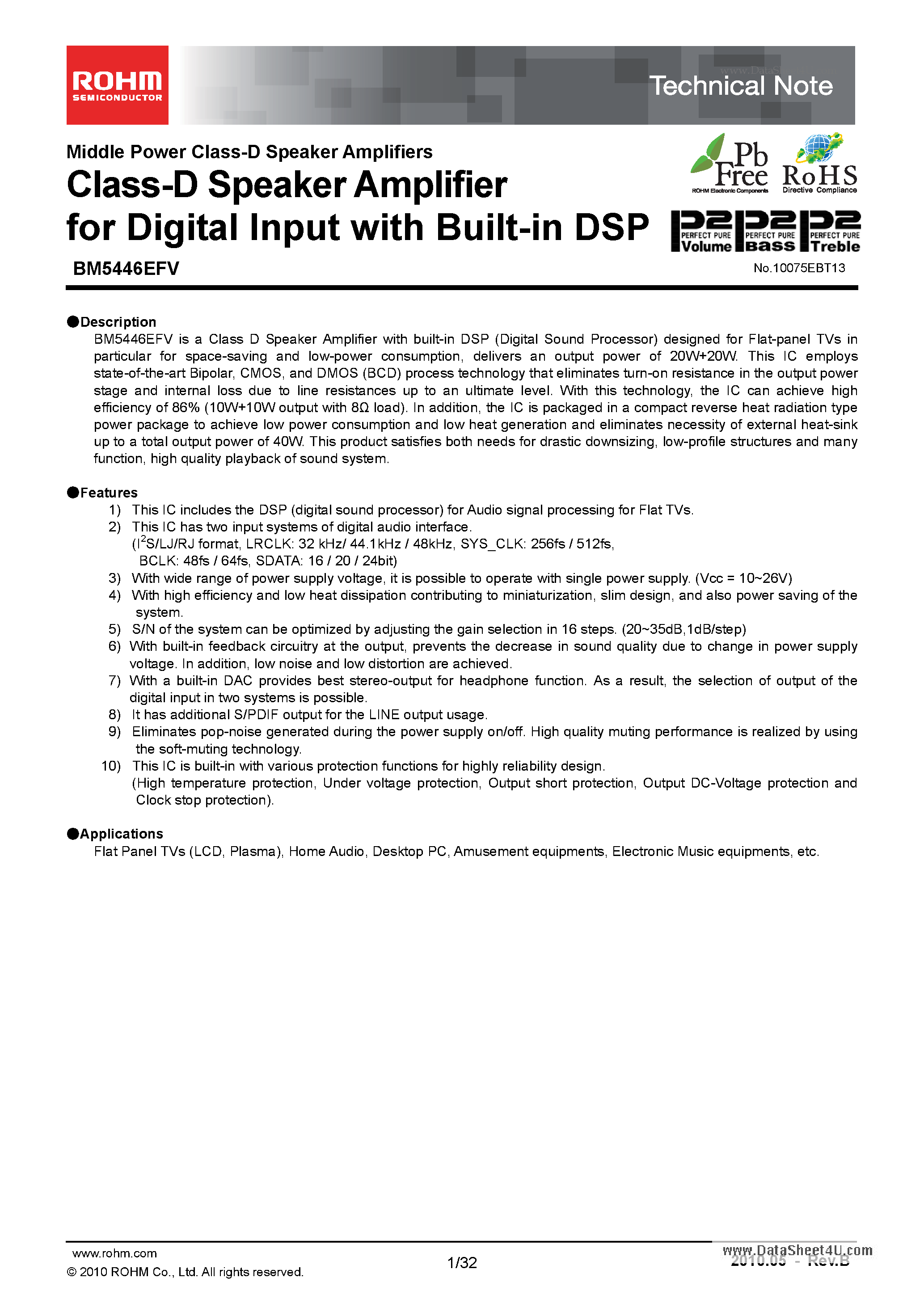 Даташит BM5446EFV - Class-D Speaker Amplifier страница 1