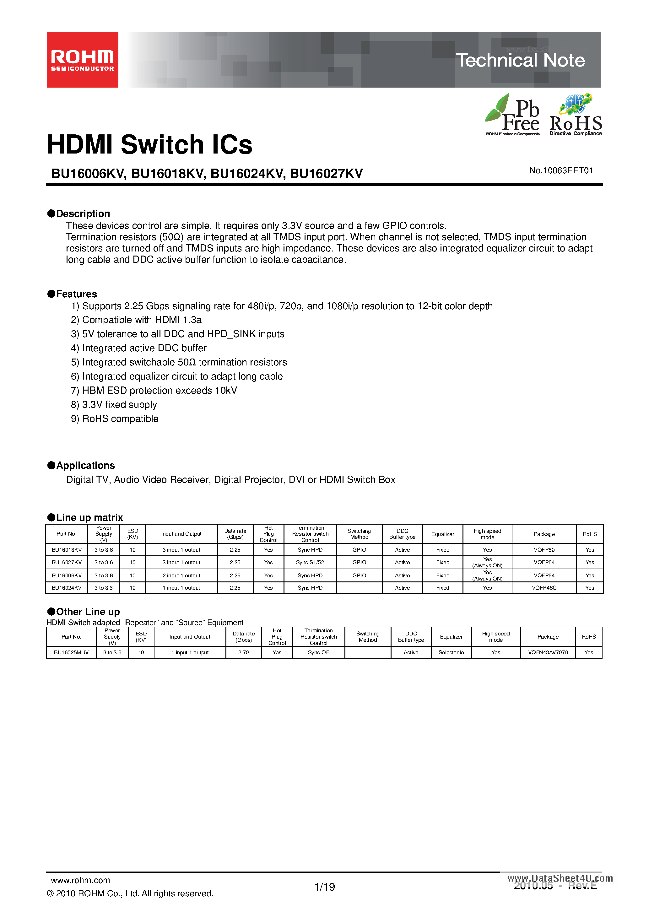Даташит BU16018KV-HDMI Switch ICs страница 1