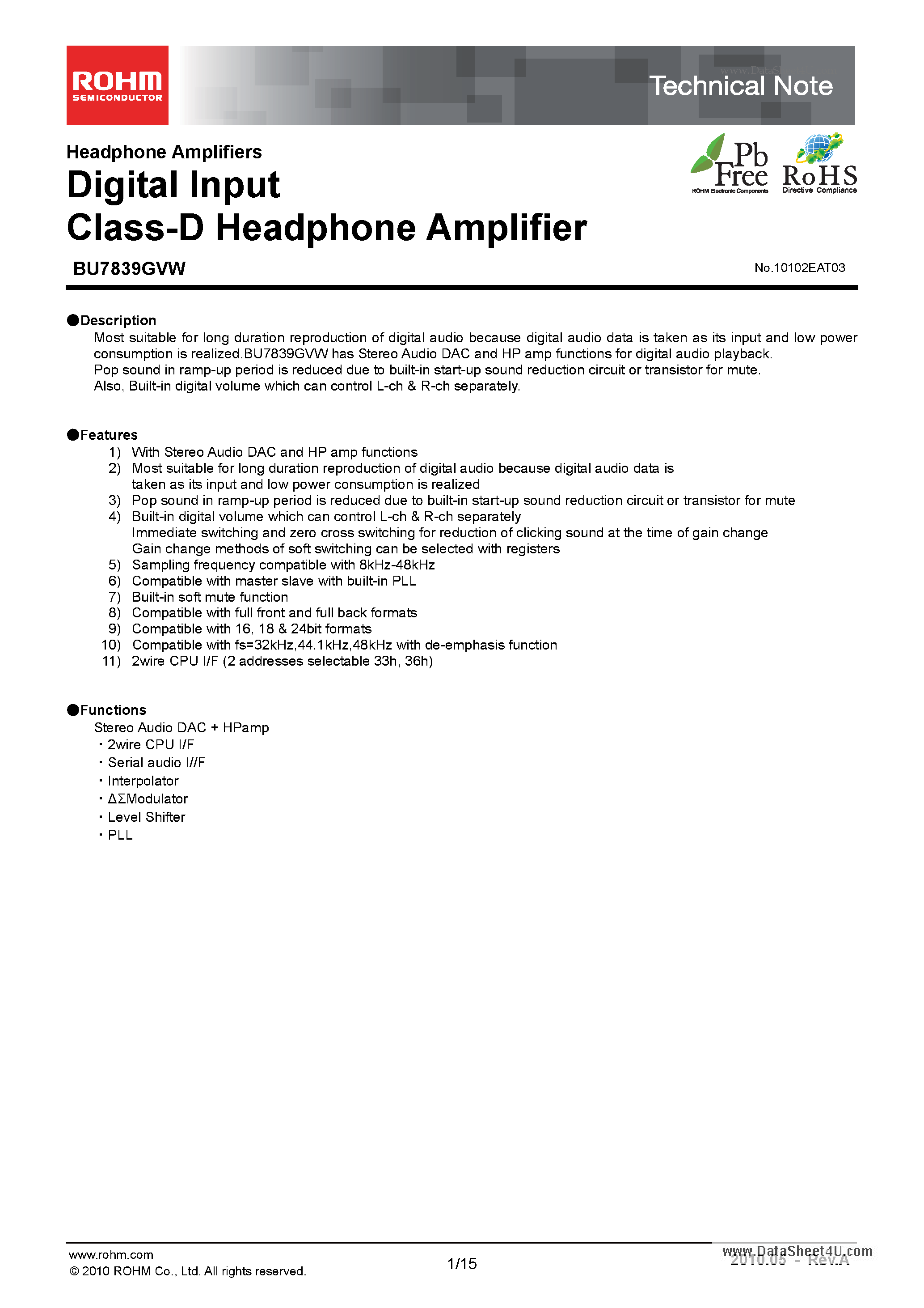 Даташит BU7839GVW - Digital Input Class-D Headphone Amplifier страница 1