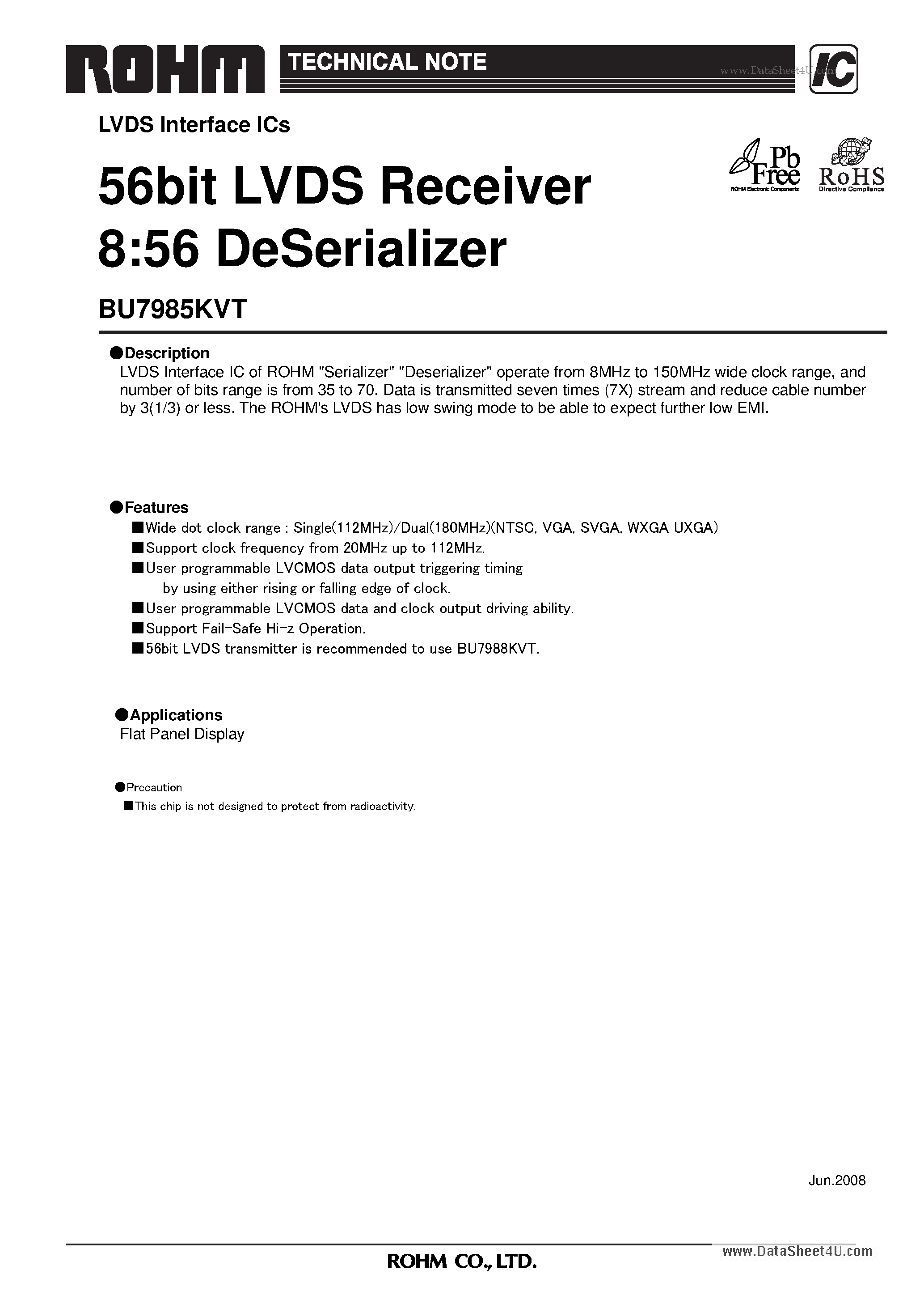 Даташит на микросхему BU7985KVT страница 1 Даташит BU7985KVT - 56bit LVDS Receiver 8:56 DeSerializer страница 1