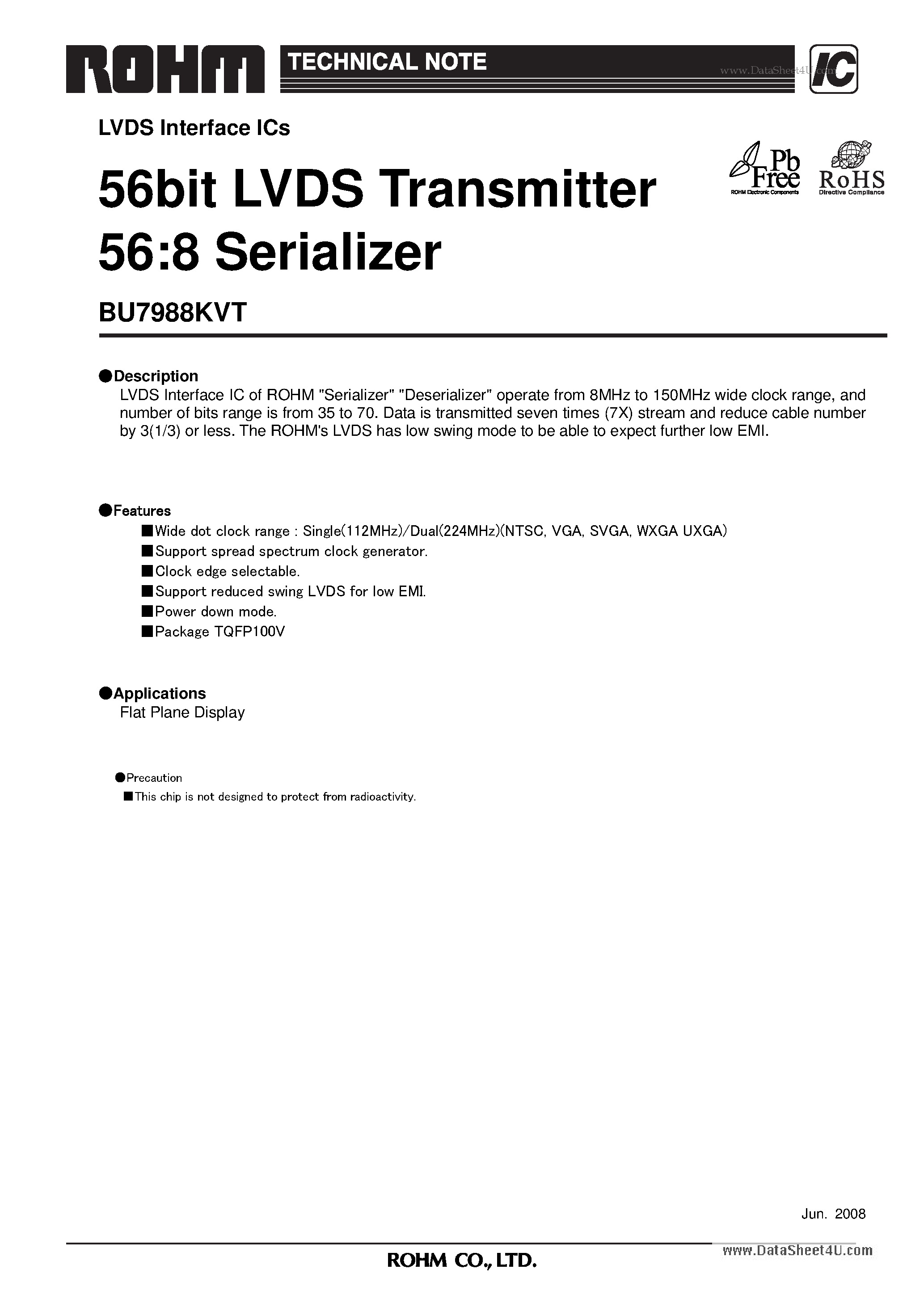 Даташит на микросхему BU7988KVT страница 1 Даташит BU7988KVT - 56bit LVDS Transmitter 56:8 Serializer страница 1