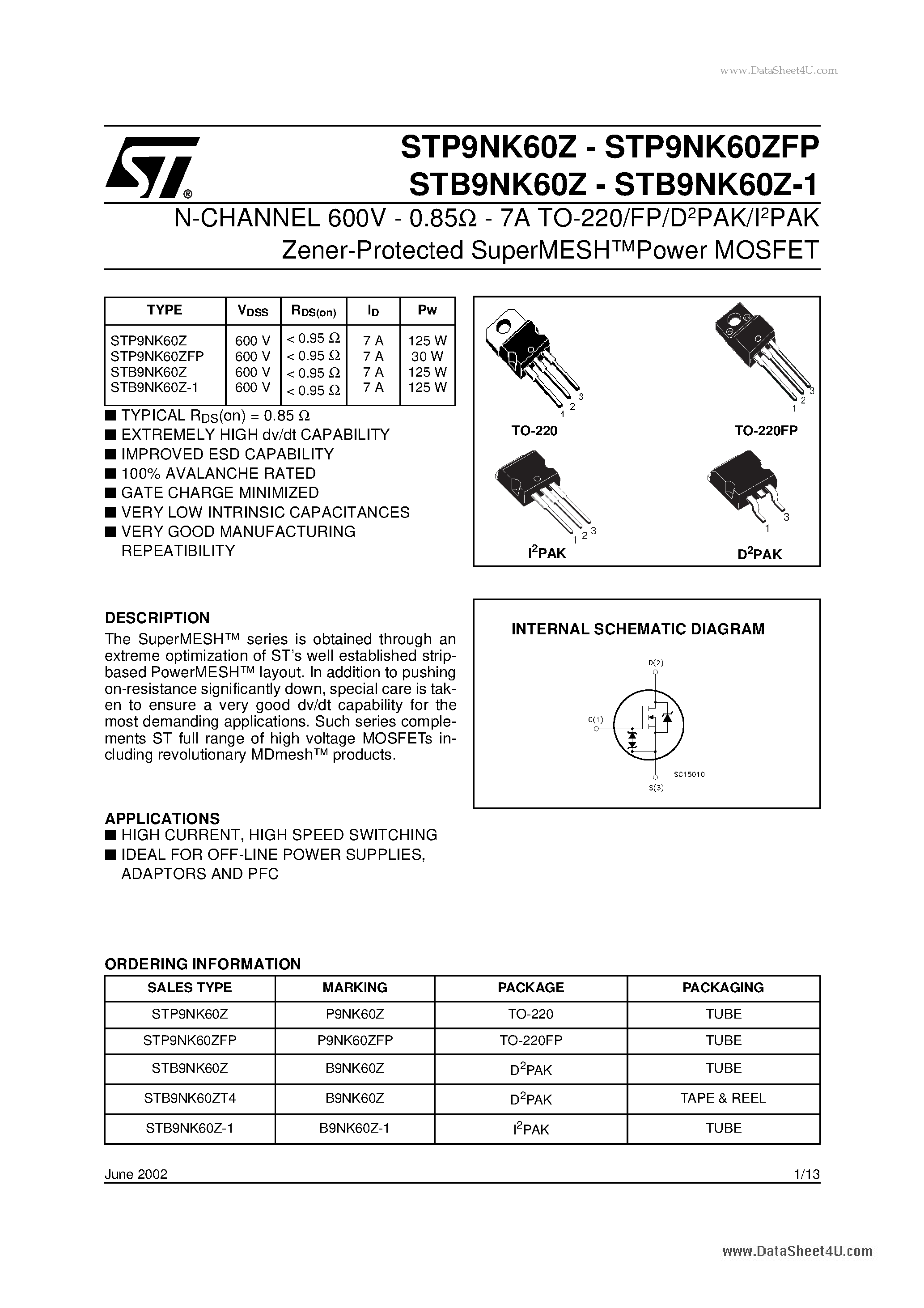 Datasheet P9NK60ZFP - Search -----> STP9NK60ZFP page 1