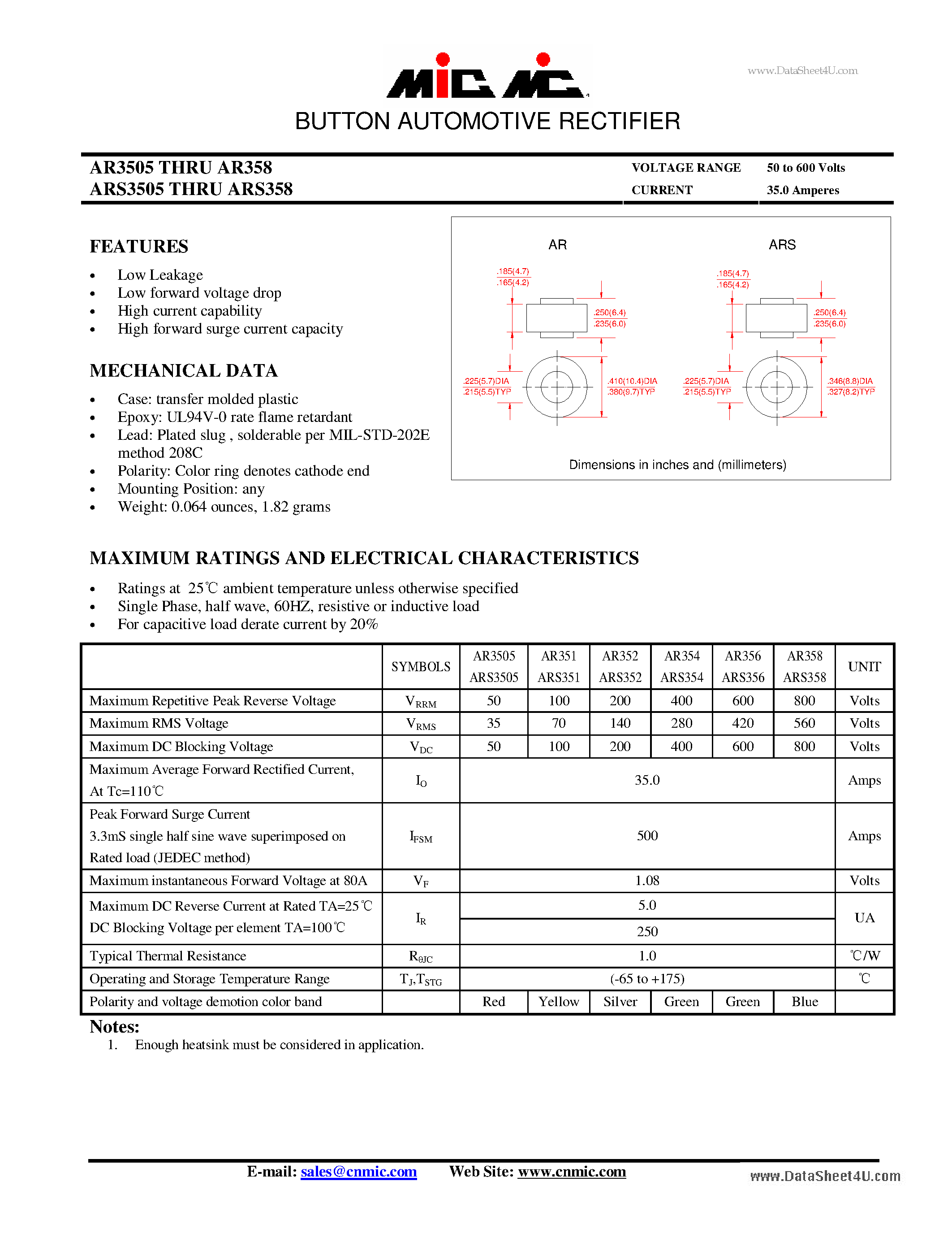 Datasheet AR3505 - BUTTON AUTOMOTIVE RECTIFIER page 1