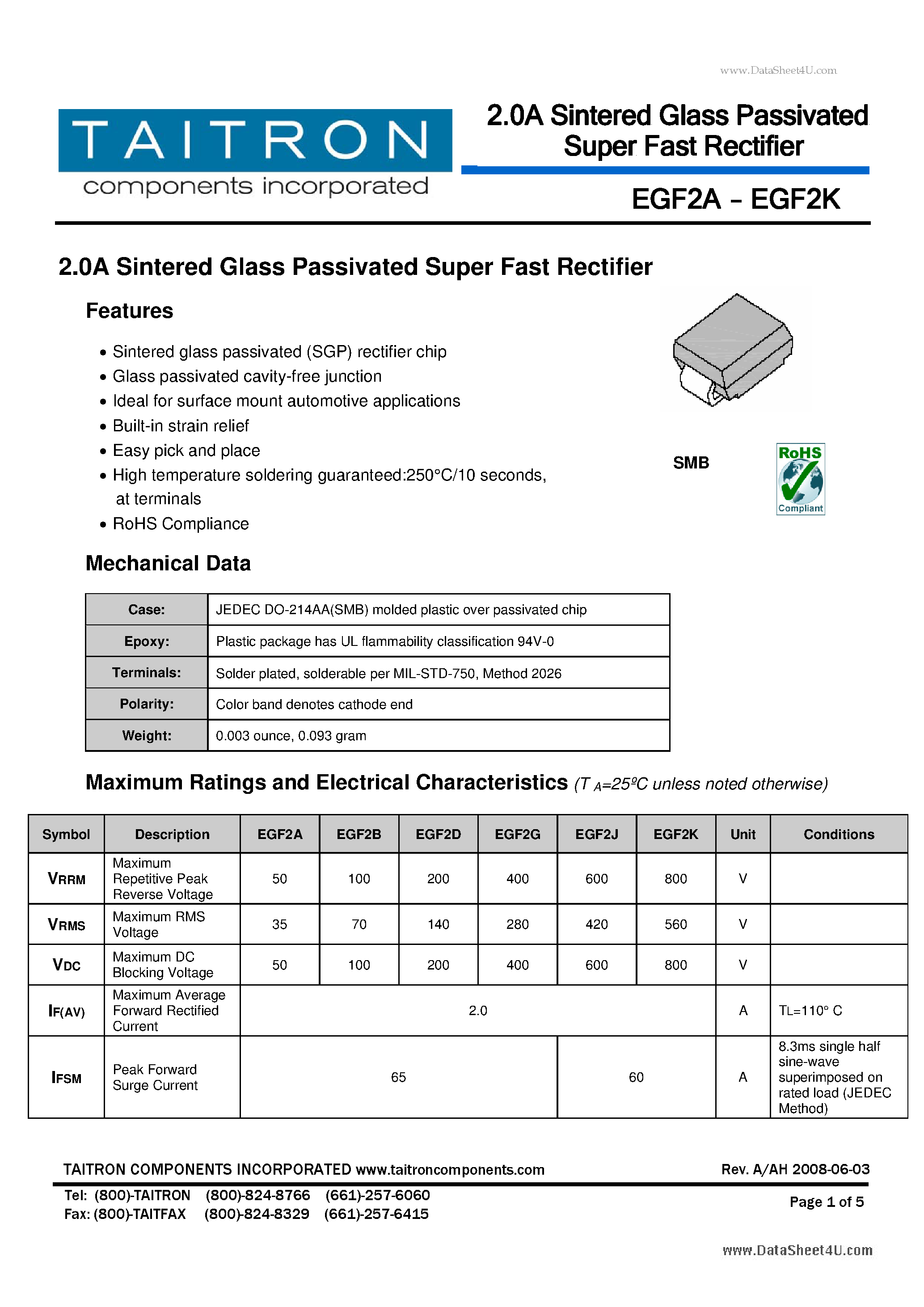 Datasheet EGF2A page 1 Datasheet EGF2A - 2.0A Sintered Glass Passivated Super Fast Rectifier page 1