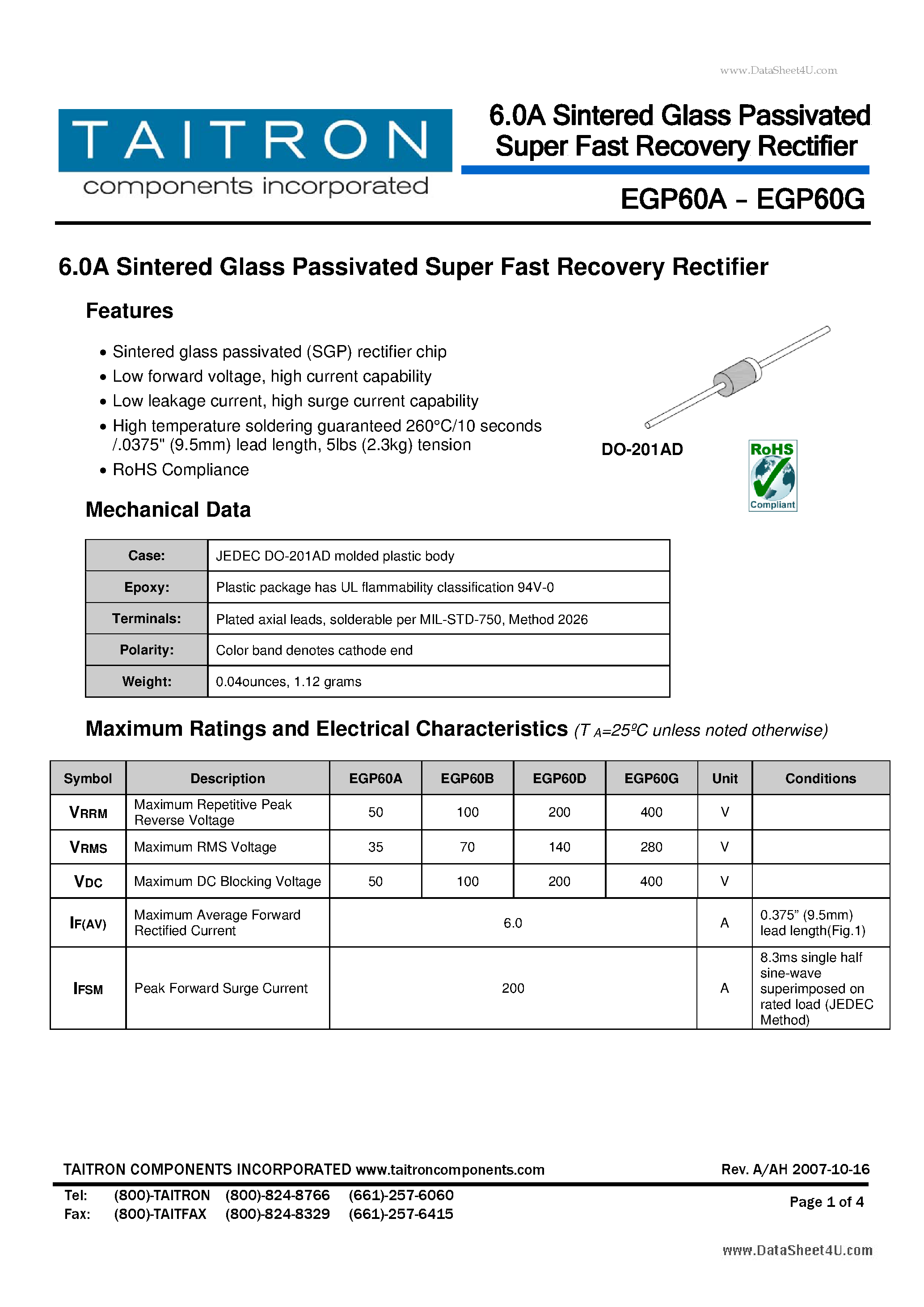 Datasheet EGP60A page 1 Datasheet EGP60A - 6.0A Sintered Glass Passivated Super Fast Rectifier page 1