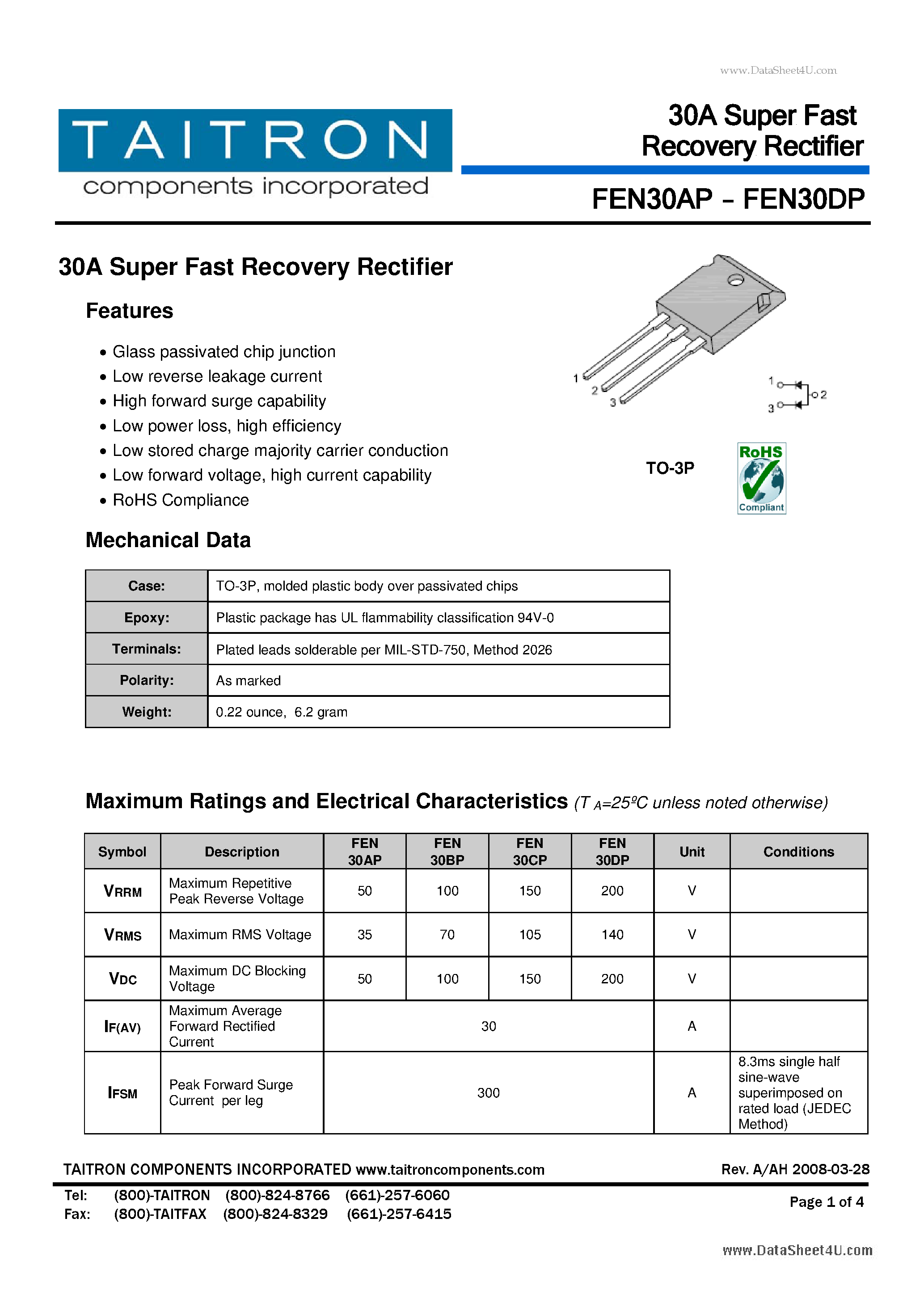 Datasheet FEN30AP page 1 Datasheet FEN30AP - 30A Super Fast Recovery Rectifier page 1