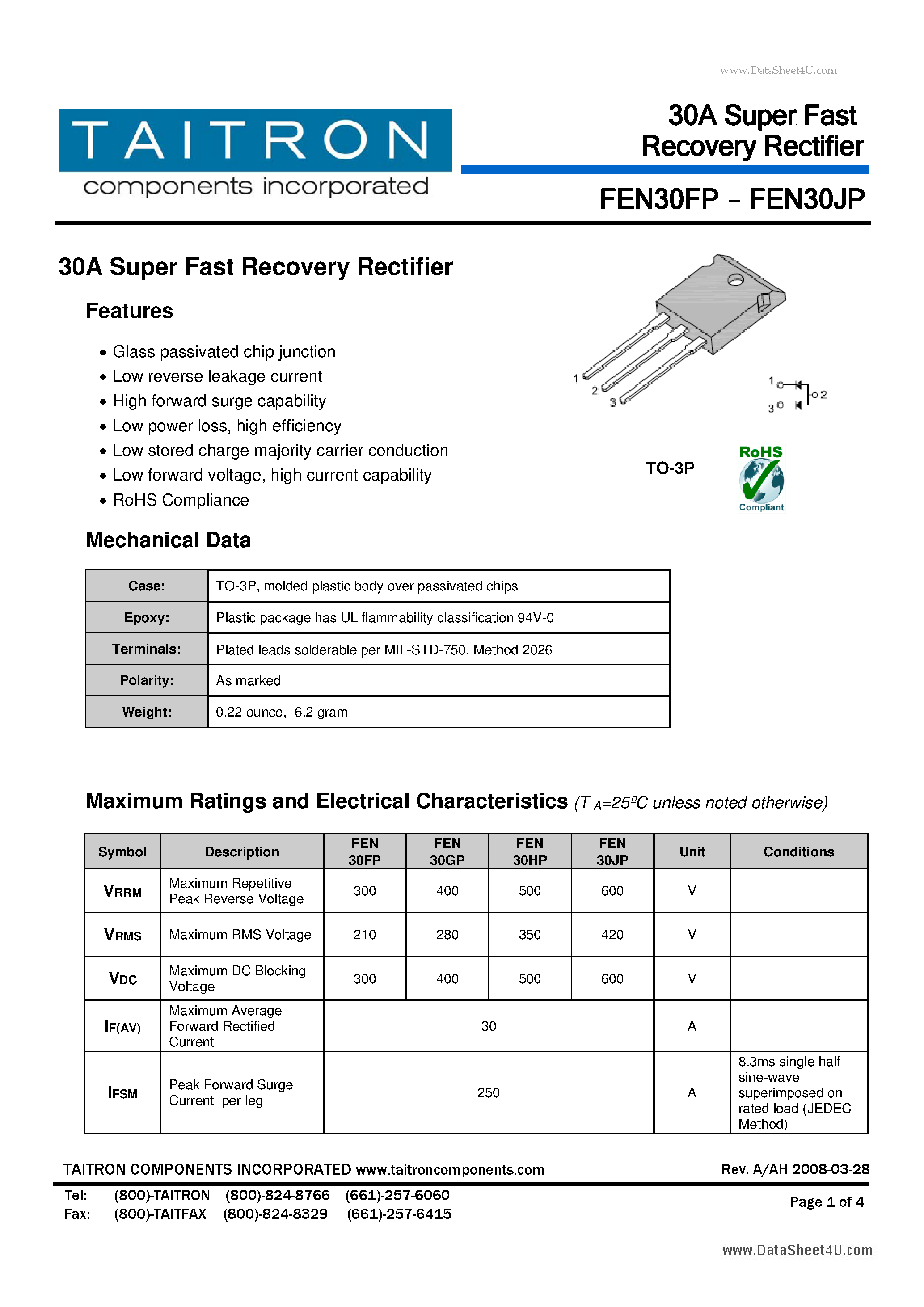Datasheet FEN30FP page 1 Datasheet FEN30FP - 30A Super Fast Recovery Rectifier page 1