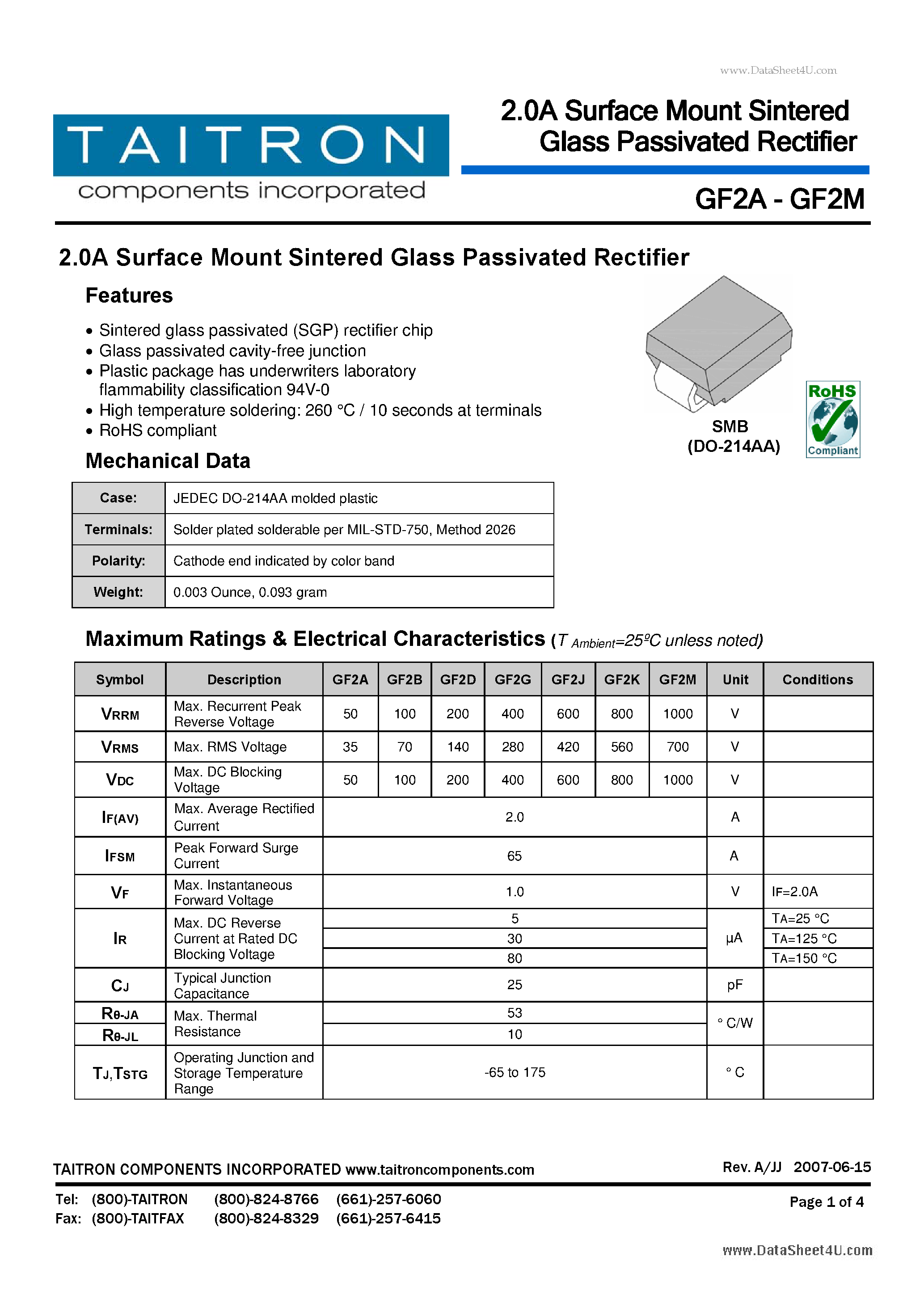 Datasheet GF2B - 2.0A Surface Mount Sintered Glass Passivated Rectifier page 1