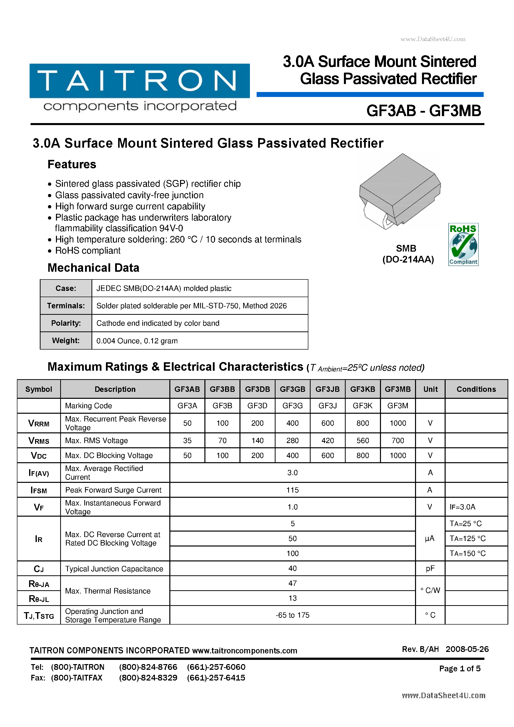 Datasheet GF3AB - 3.0A Surface Mount Sintered Glass Passivated Rectifier page 1