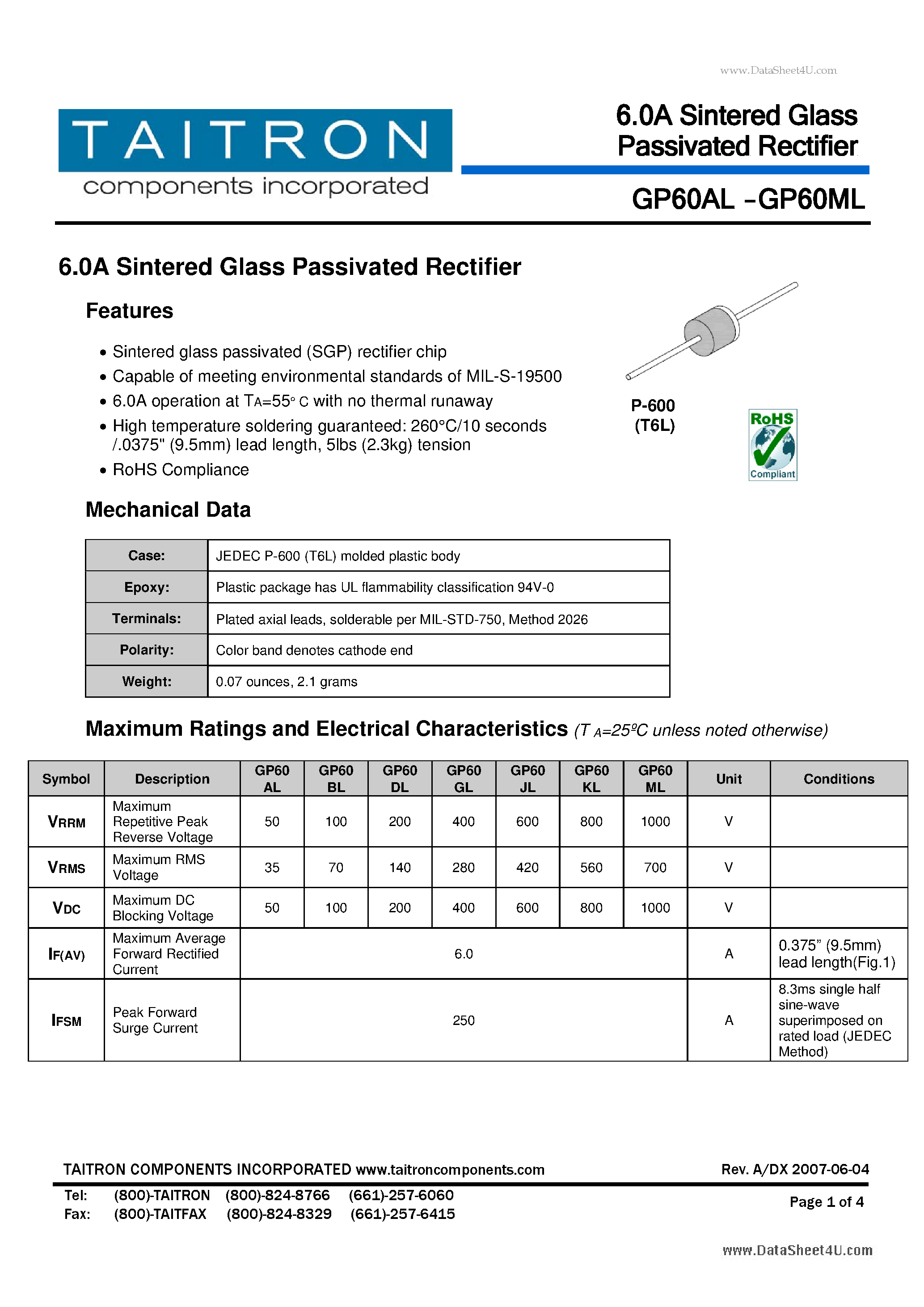 Datasheet GP60AL - 6.0A Sintered Glass Passivated Rectifier page 1