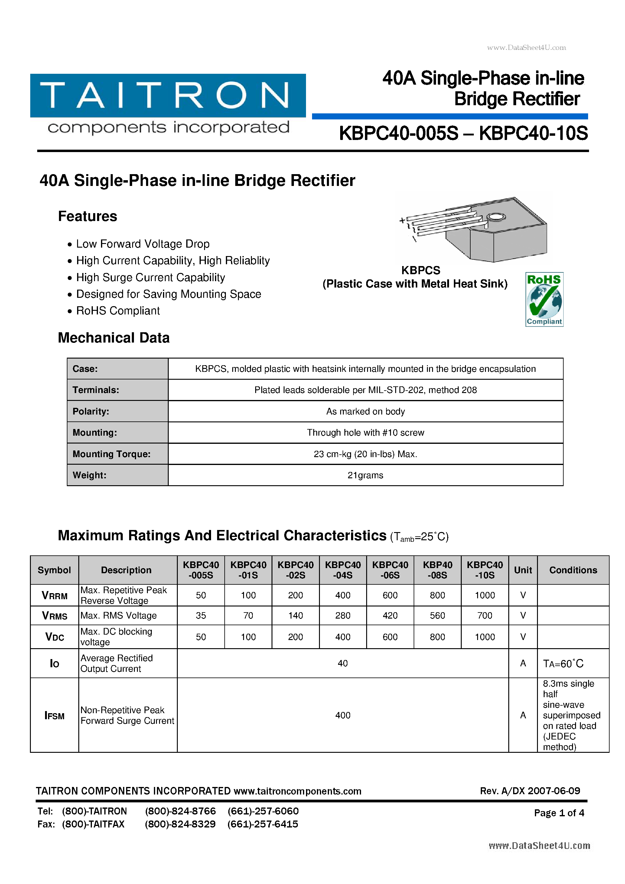 Datasheet KBPC40-005S page 1 Datasheet KBPC40-005S - 40A Single-Phase in-line Bridge Rectifier page 1