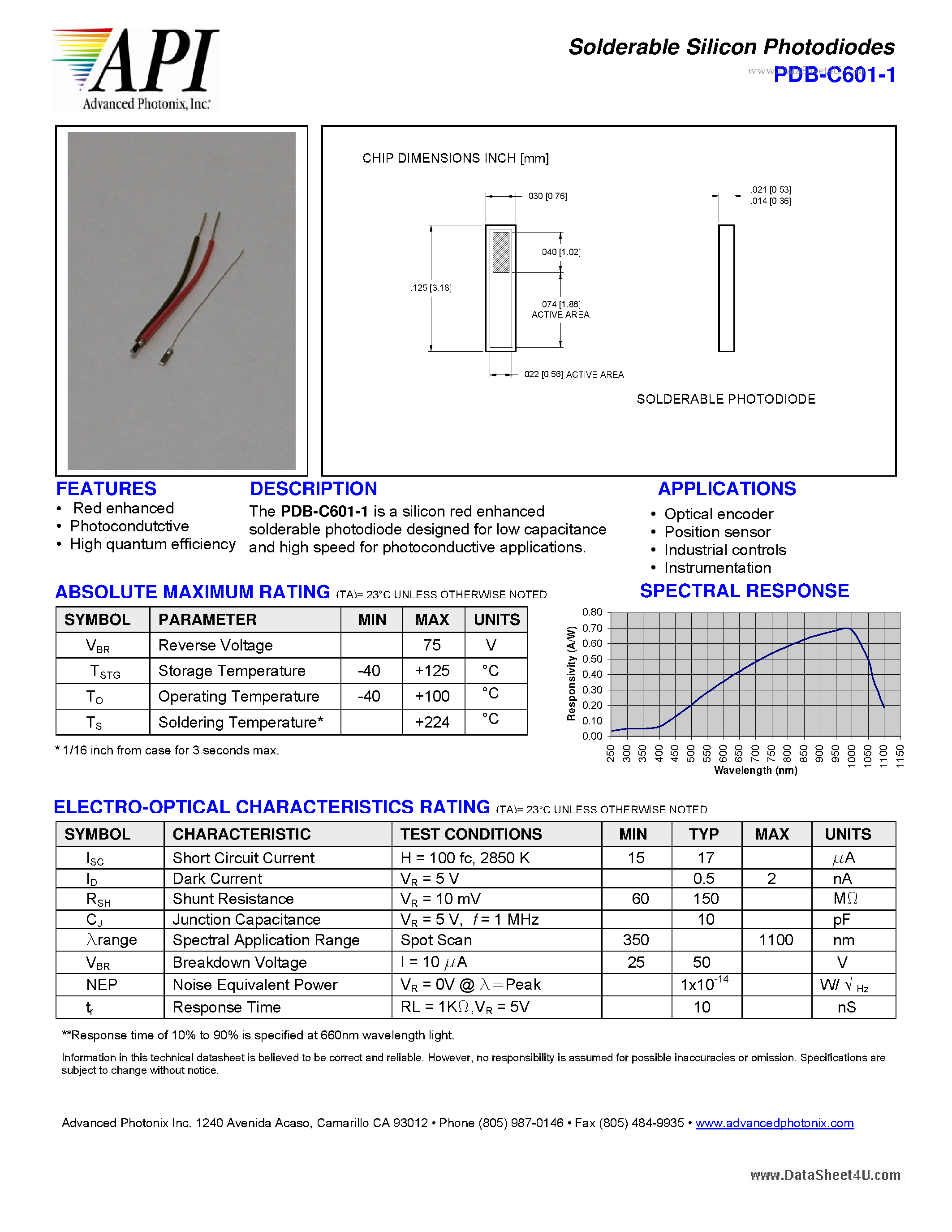 Datasheet PDB-C601-1 page 1 Datasheet PDB-C601-1 - Solderable Silicon Photodiodes page 1