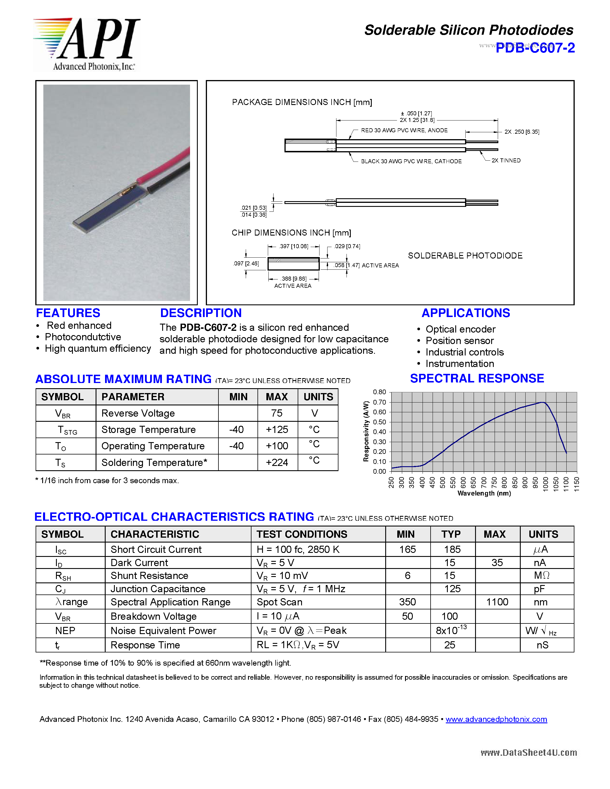 Datasheet PDB-C607-2 - Solderable Silicon Photodiodes page 1