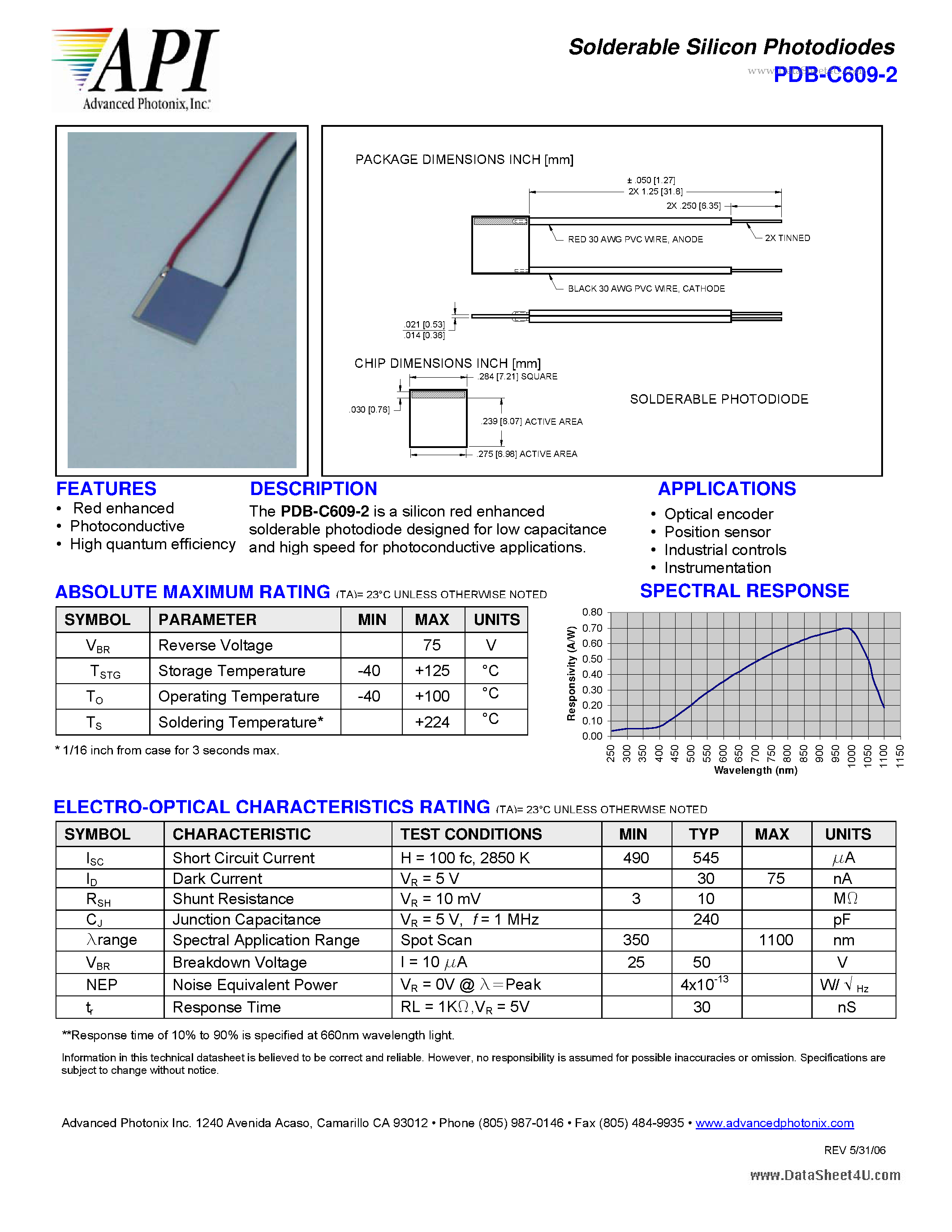 Datasheet PDB-C609-2 - Solderable Silicon Photodiodes page 1