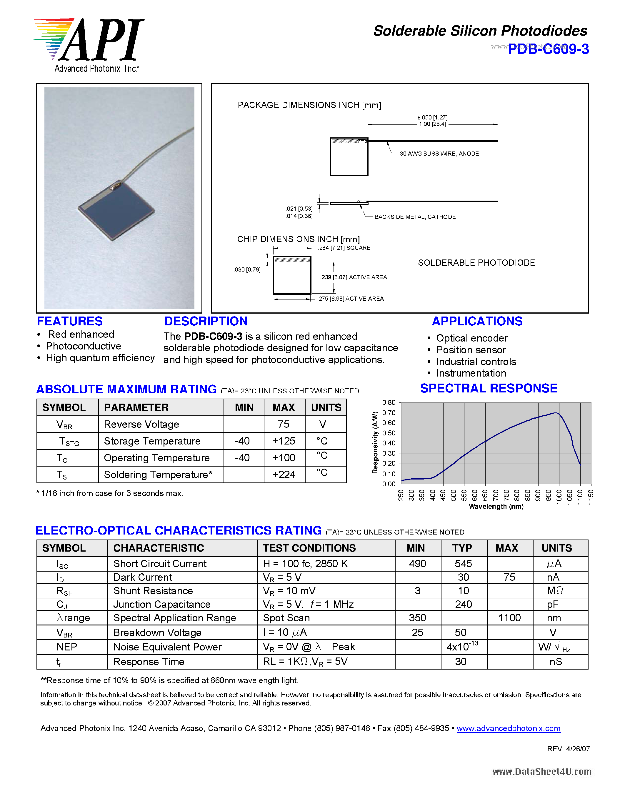 Datasheet PDB-C609-3 - Solderable Silicon Photodiodes page 1