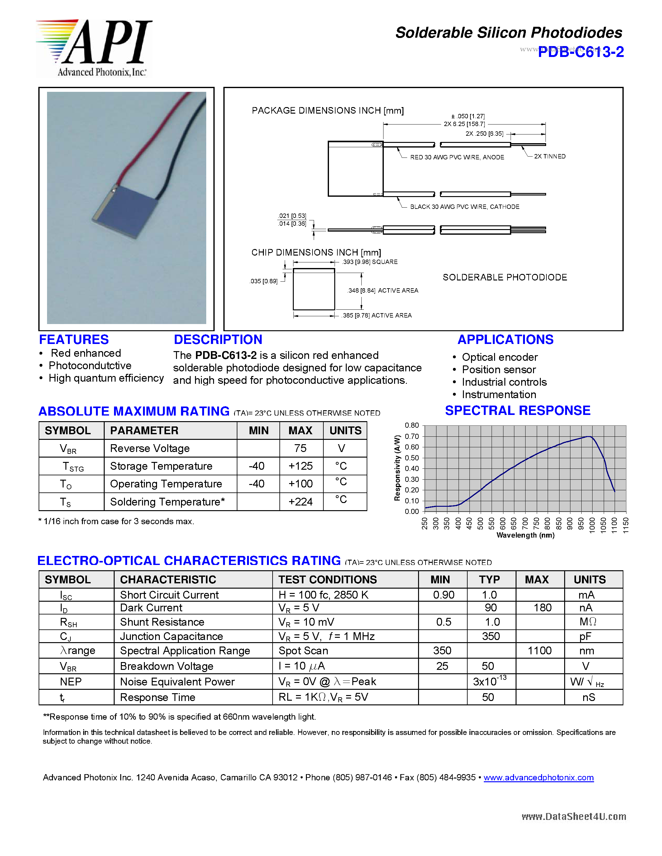 Datasheet PDB-C613-2 - Solderable Silicon Photodiodes page 1
