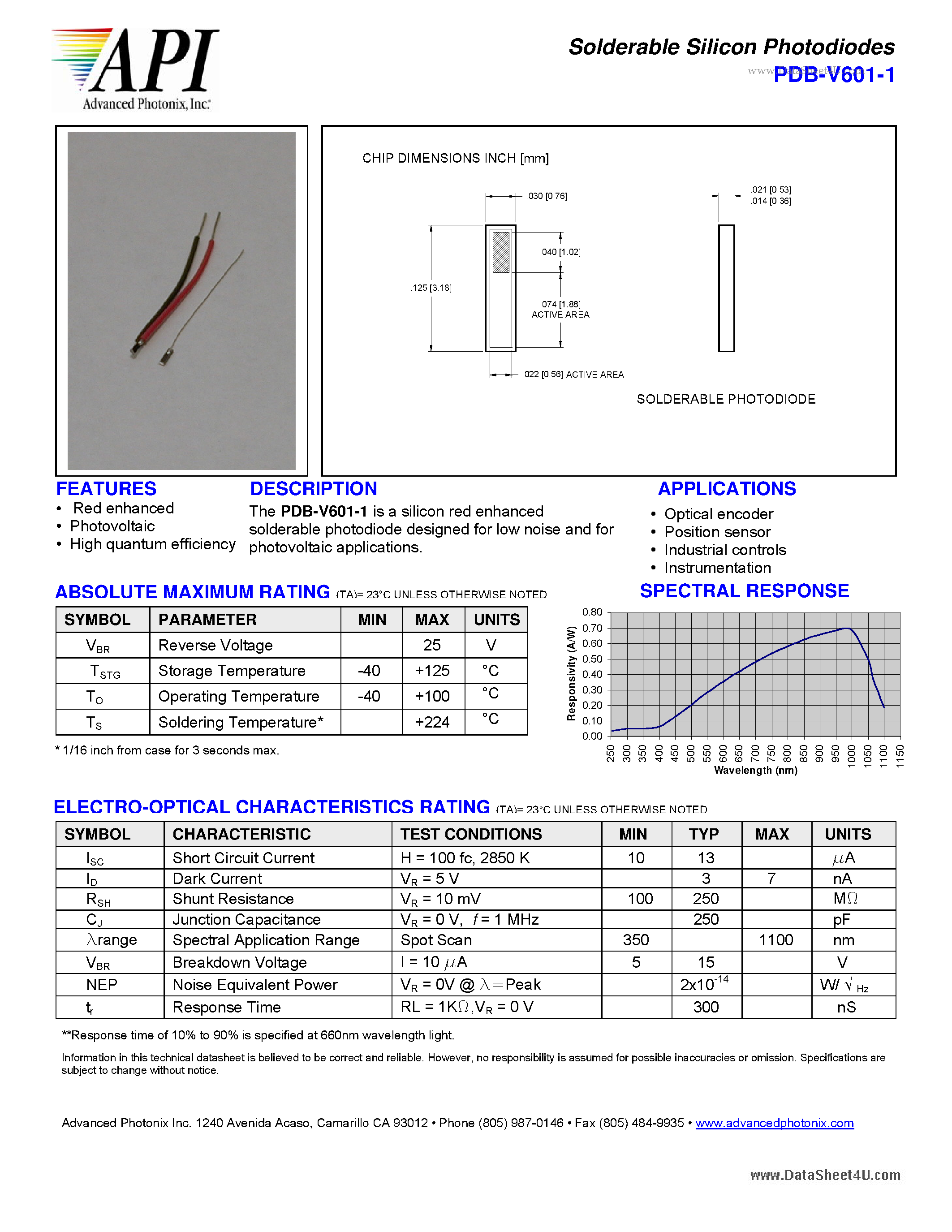 Datasheet PDB-V601-1 - Solderable Silicon Photodiodes page 1