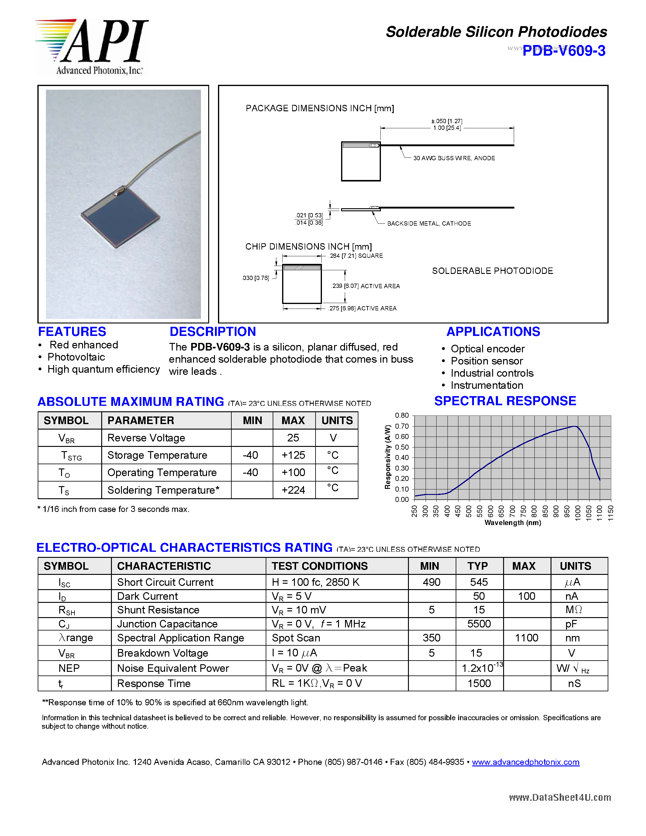 Datasheet PDB-V609-3 - Solderable Silicon Photodiodes page 1